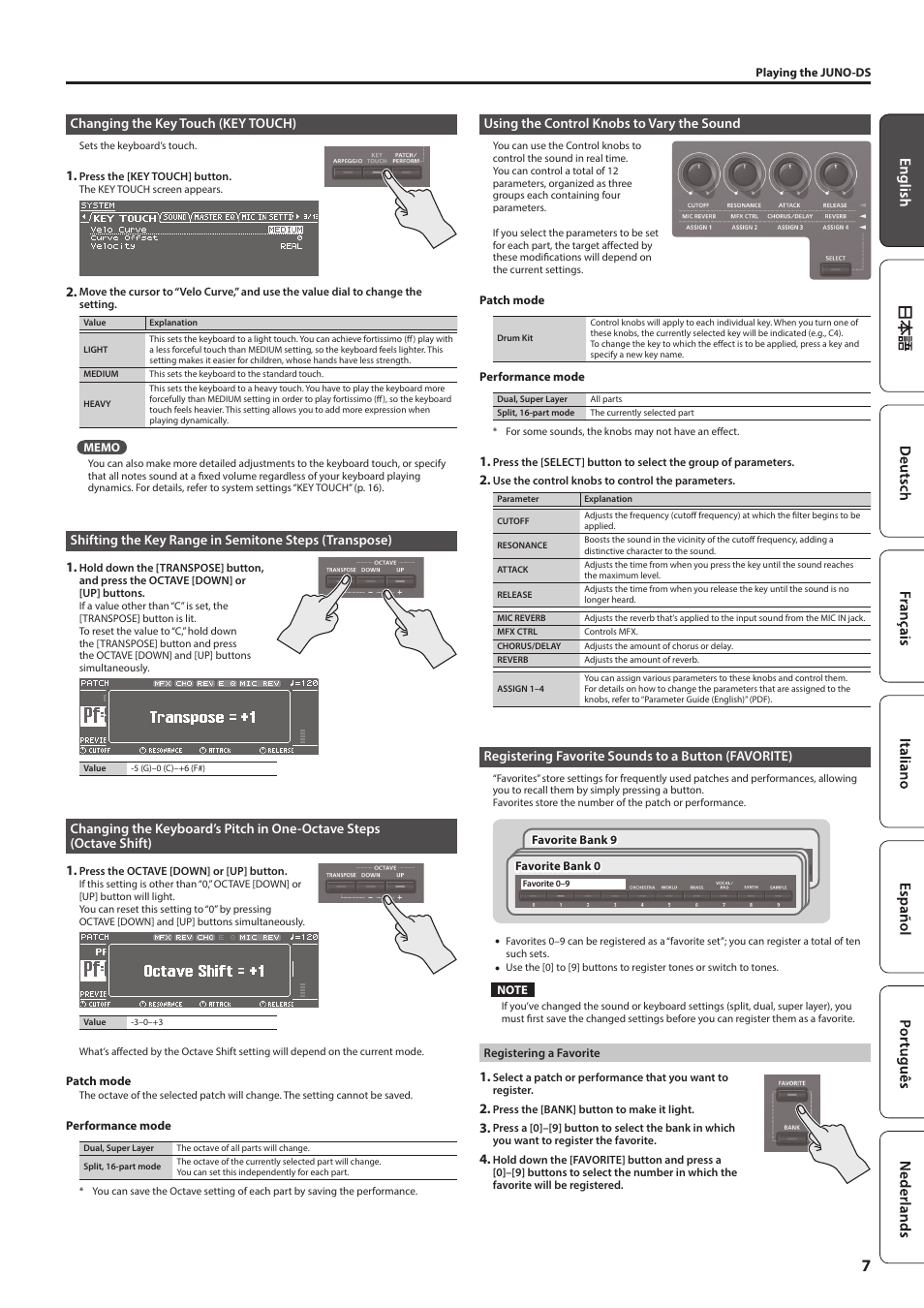 Changing the key touch (key touch), Using the control knobs to vary the sound, Registering favorite sounds to a button (favorite) | Changing the keyboard’s pitch in one-octave steps, Octave shift), P. 7 | Roland JUNO-DS61 Synthesizer User Manual | Page 7 / 22