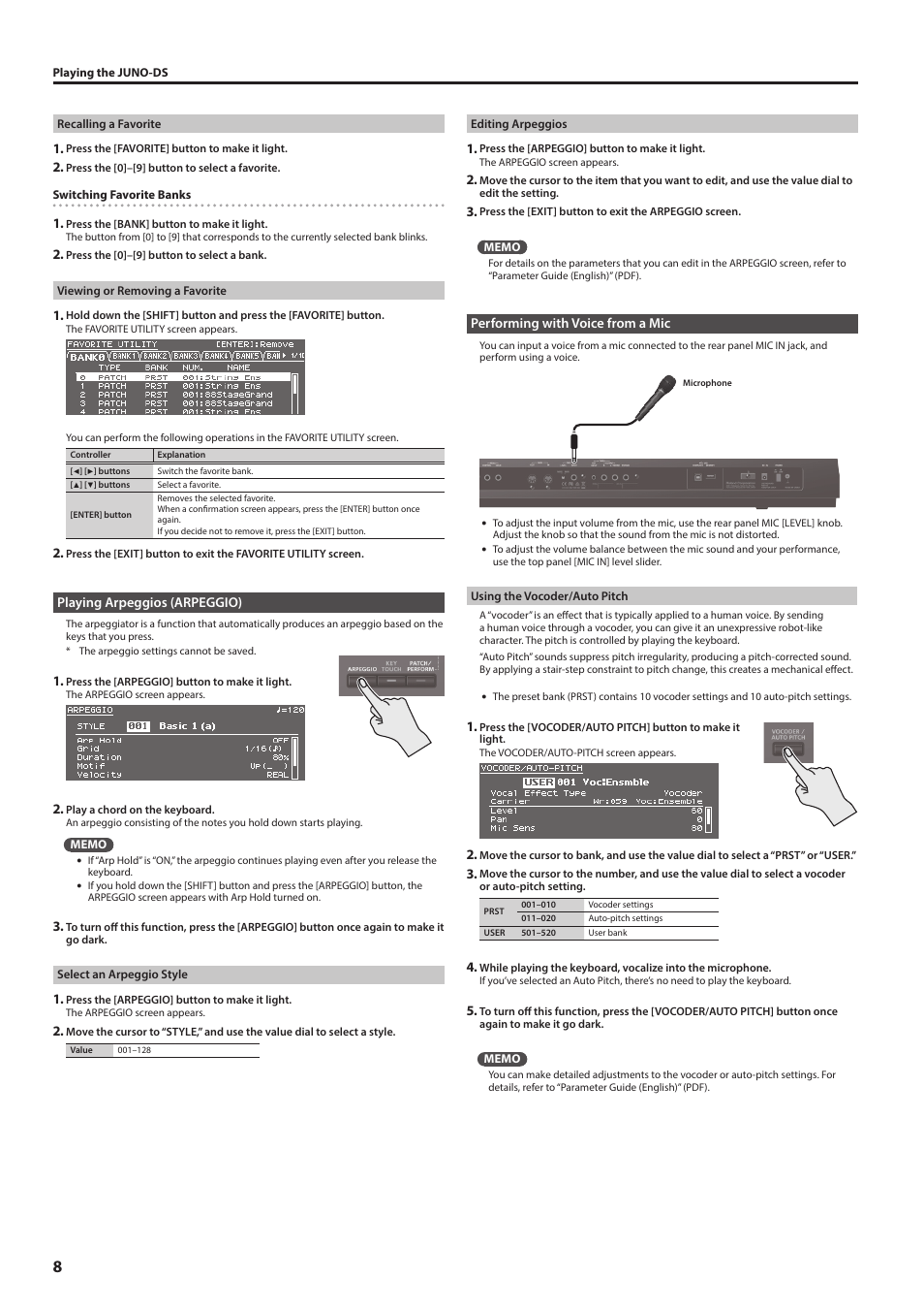 Playing arpeggios (arpeggio), Performing with voice from a mic, P. 8 | Roland JUNO-DS61 Synthesizer User Manual | Page 8 / 22