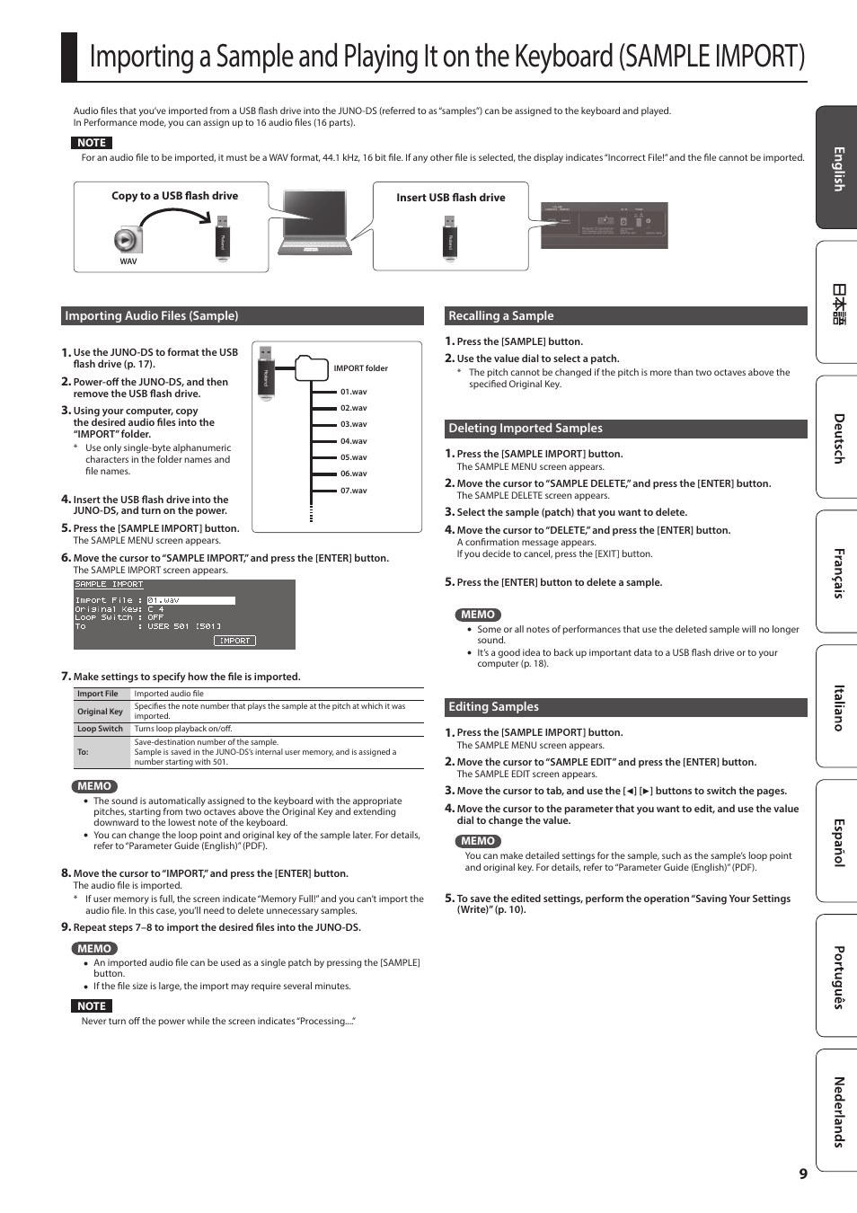 Importing audio files (sample), Recalling a sample, Deleting imported samples | Editing samples, Importing a sample and playing it on the keyboard, Sample import), P. 9 | Roland JUNO-DS61 Synthesizer User Manual | Page 9 / 22