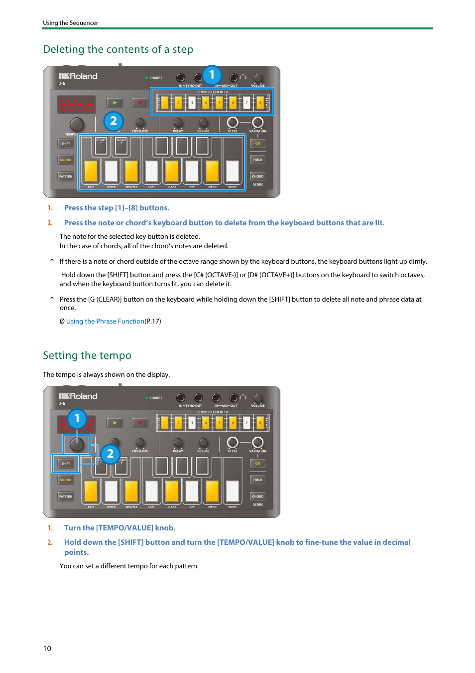 Deleting the contents of a step, Setting the tempo | Roland AIRA Compact J-6 Chord Synthesizer User Manual | Page 10 / 36