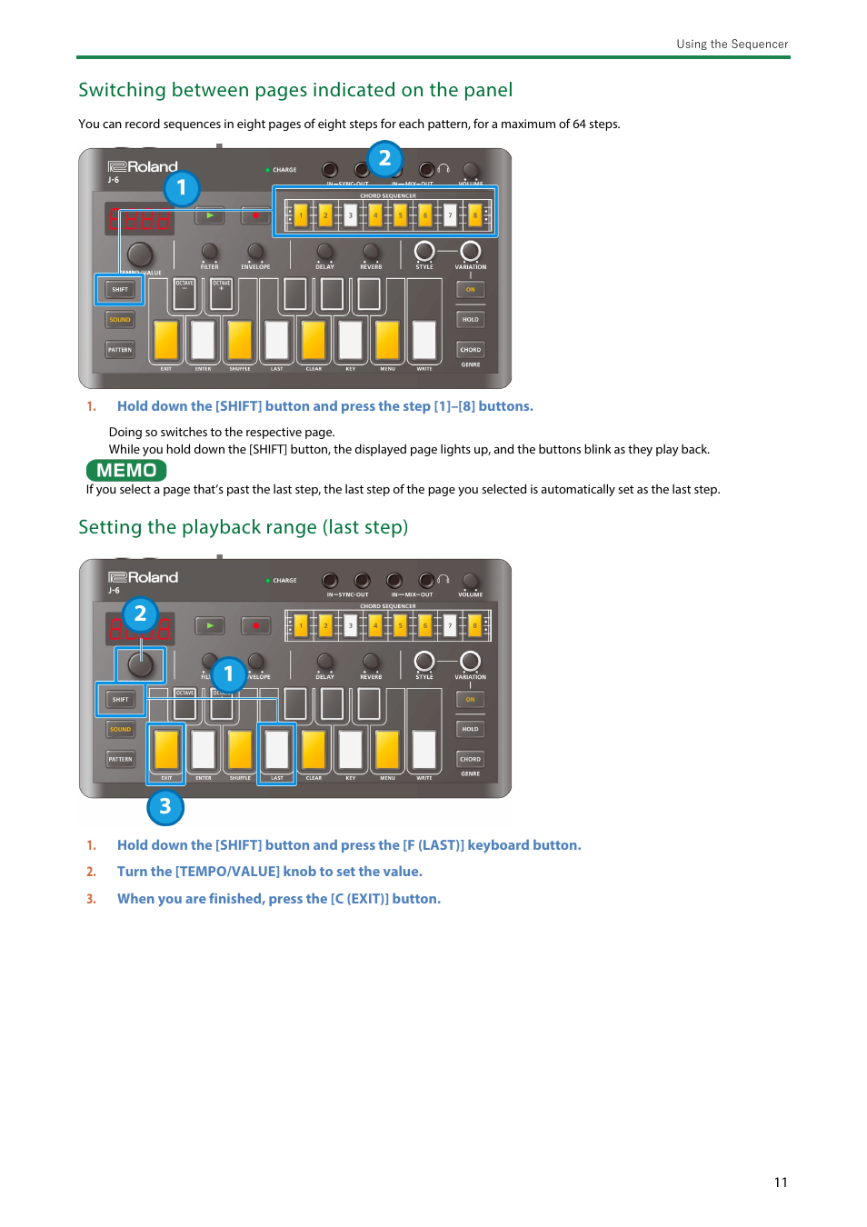 Switching between pages indicated on the panel, Setting the playback range (last step) | Roland AIRA Compact J-6 Chord Synthesizer User Manual | Page 11 / 36