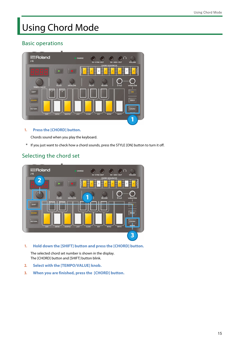 Using chord mode, Basic operations, Selecting the chord set | Roland AIRA Compact J-6 Chord Synthesizer User Manual | Page 15 / 36