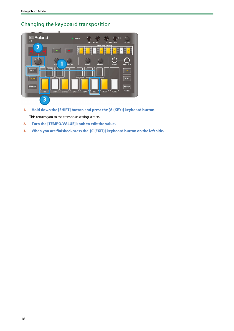 Changing the keyboard transposition | Roland AIRA Compact J-6 Chord Synthesizer User Manual | Page 16 / 36