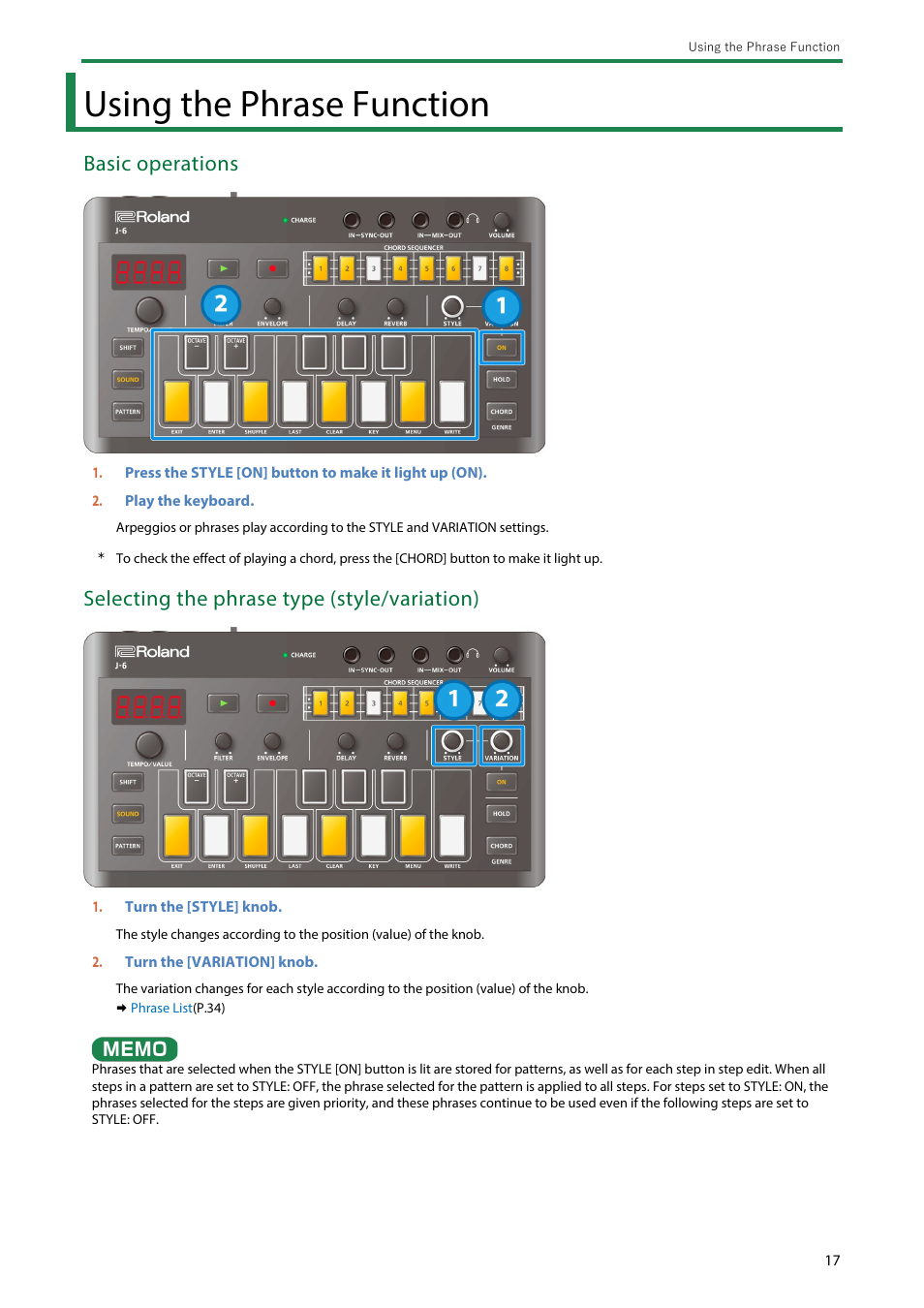 Using the phrase function, Basic operations, Selecting the phrase type (style/variation) | Roland AIRA Compact J-6 Chord Synthesizer User Manual | Page 17 / 36