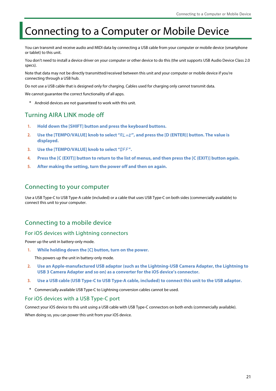 Connecting to a computer or mobile device, Turning aira link mode off, Connecting to your computer | Connecting to a mobile device | Roland AIRA Compact J-6 Chord Synthesizer User Manual | Page 21 / 36