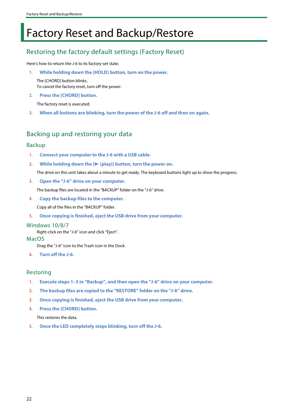 Factory reset and backup/restore, Backing up and restoring your data | Roland AIRA Compact J-6 Chord Synthesizer User Manual | Page 22 / 36