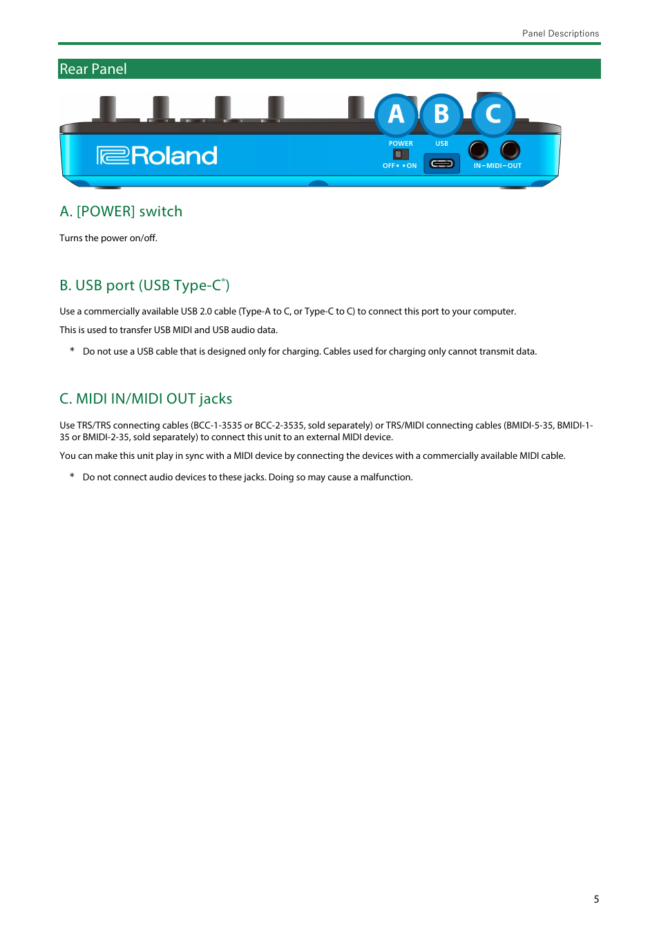Rear panel, A. [power] switch, B. usb port (usb type-c | C. midi in/midi out jacks | Roland AIRA Compact J-6 Chord Synthesizer User Manual | Page 5 / 36