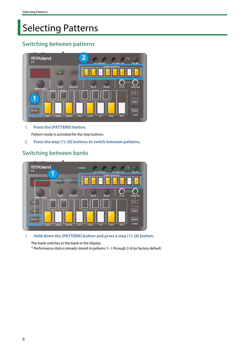 Selecting patterns, Switching between patterns, Switching between banks | Roland AIRA Compact J-6 Chord Synthesizer User Manual | Page 6 / 36
