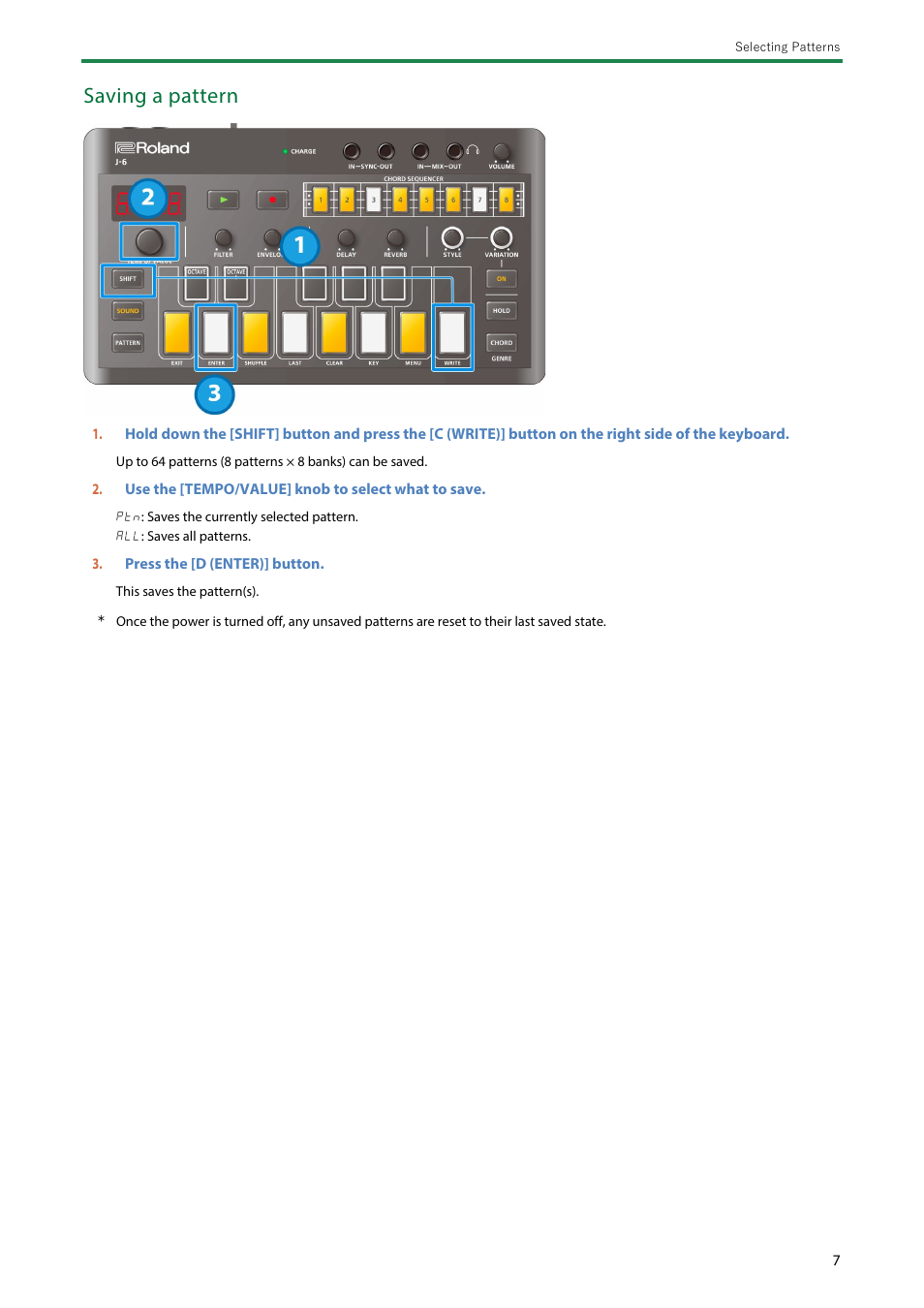 Saving a pattern | Roland AIRA Compact J-6 Chord Synthesizer User Manual | Page 7 / 36