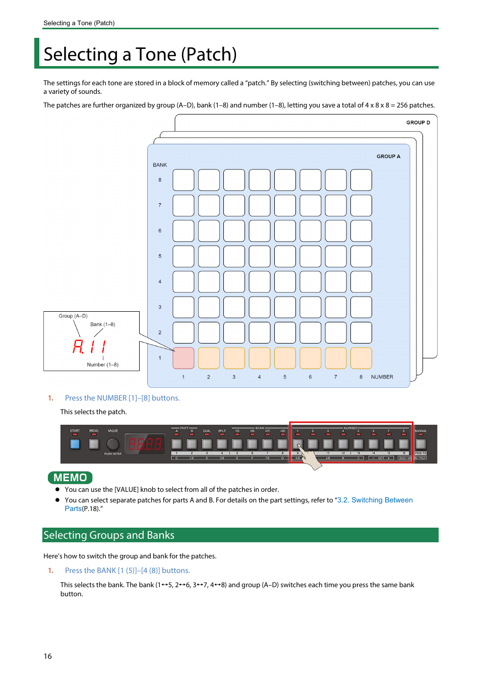 Selecting a tone (patch), Selecting groups and banks | Roland Boutique JX-08 Synthesizer Module User Manual | Page 16 / 66
