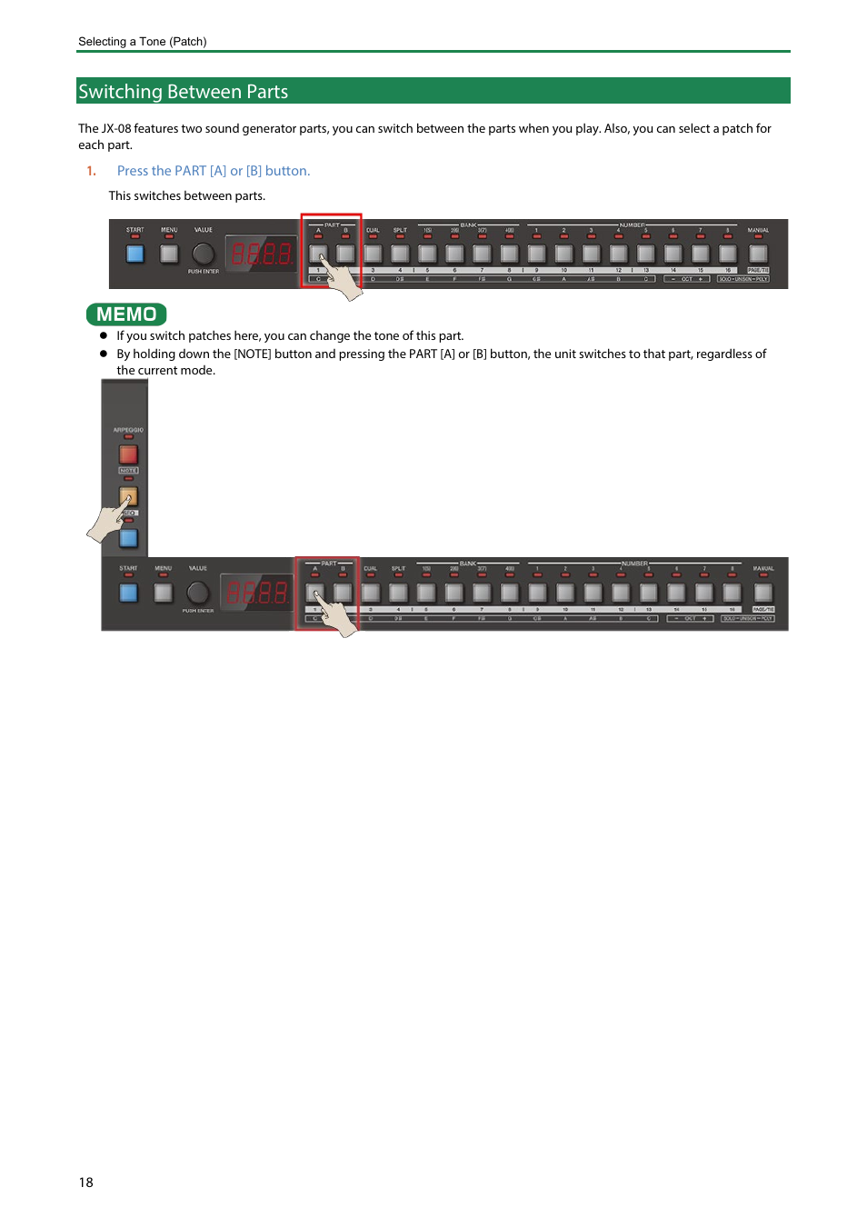 Switching between parts, Switching between, Parts | Roland Boutique JX-08 Synthesizer Module User Manual | Page 18 / 66