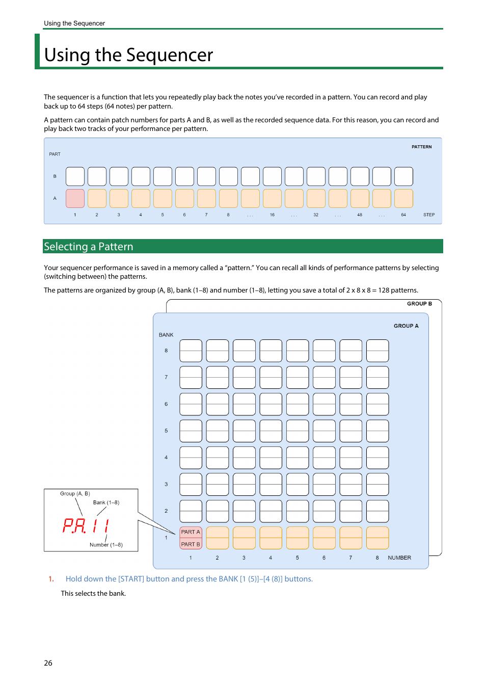 Using the sequencer, Selecting a pattern | Roland Boutique JX-08 Synthesizer Module User Manual | Page 26 / 66