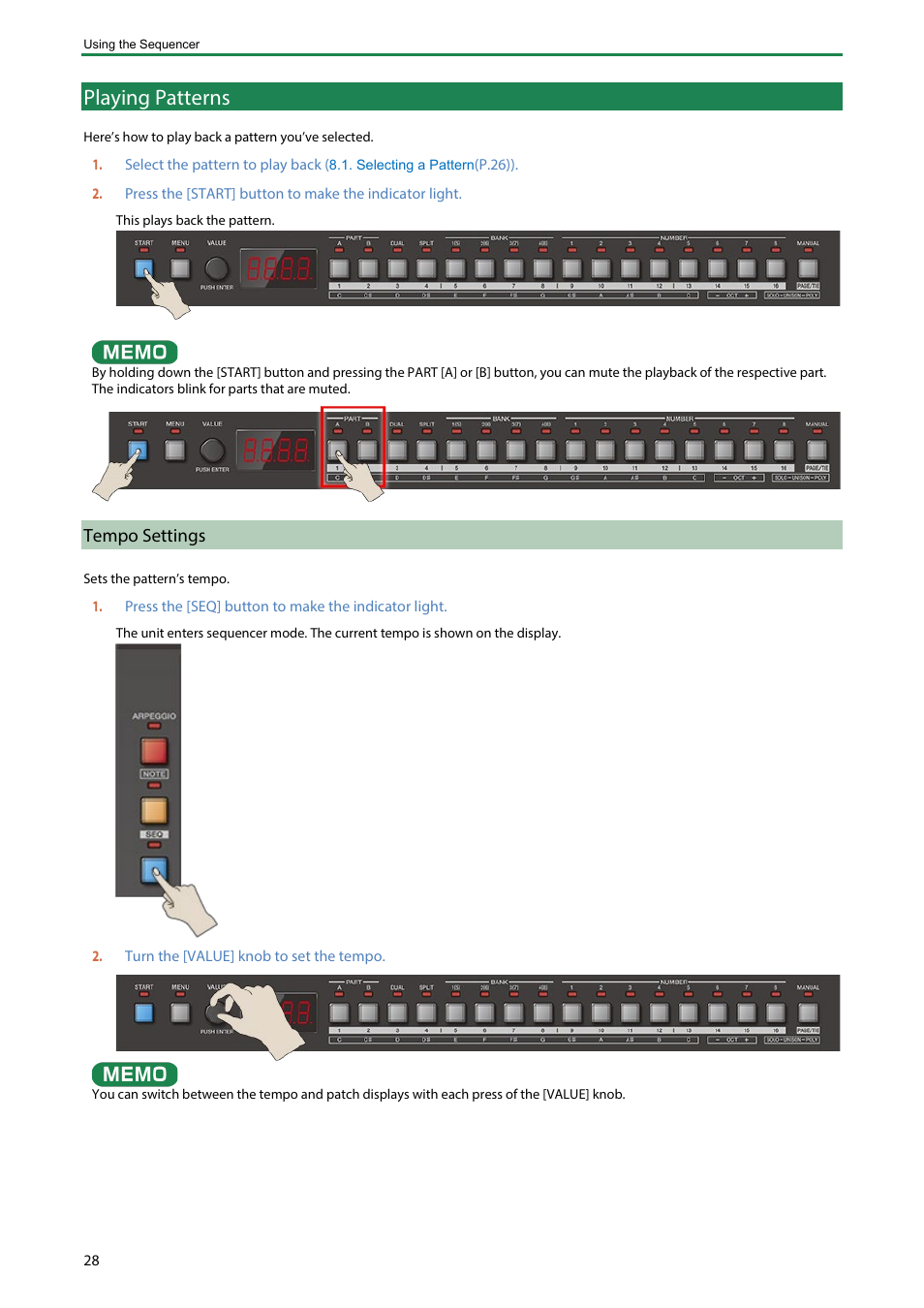 Playing patterns, Tempo settings | Roland Boutique JX-08 Synthesizer Module User Manual | Page 28 / 66