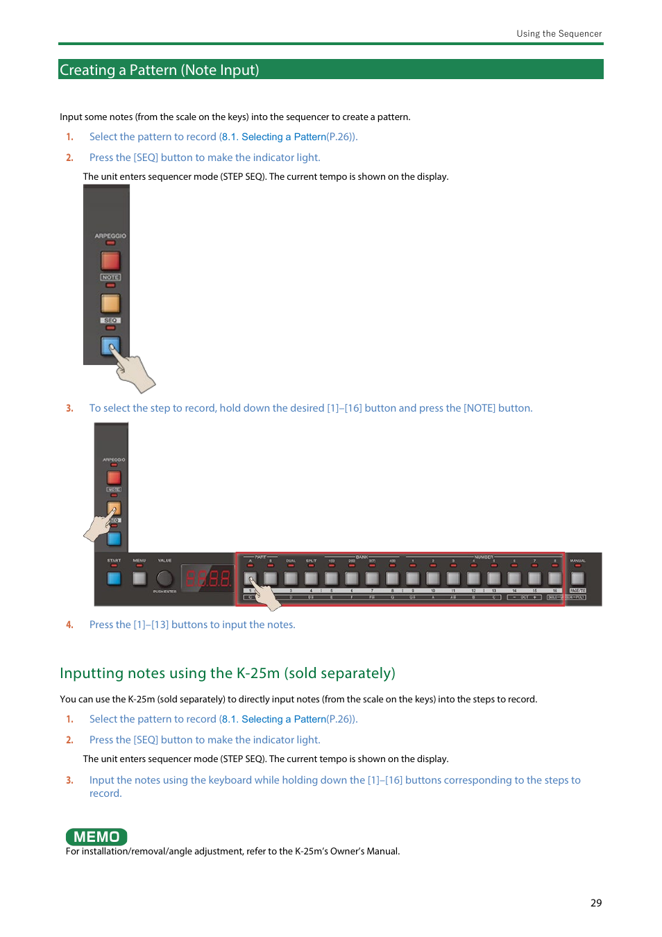 Creating a pattern (note input) | Roland Boutique JX-08 Synthesizer Module User Manual | Page 29 / 66