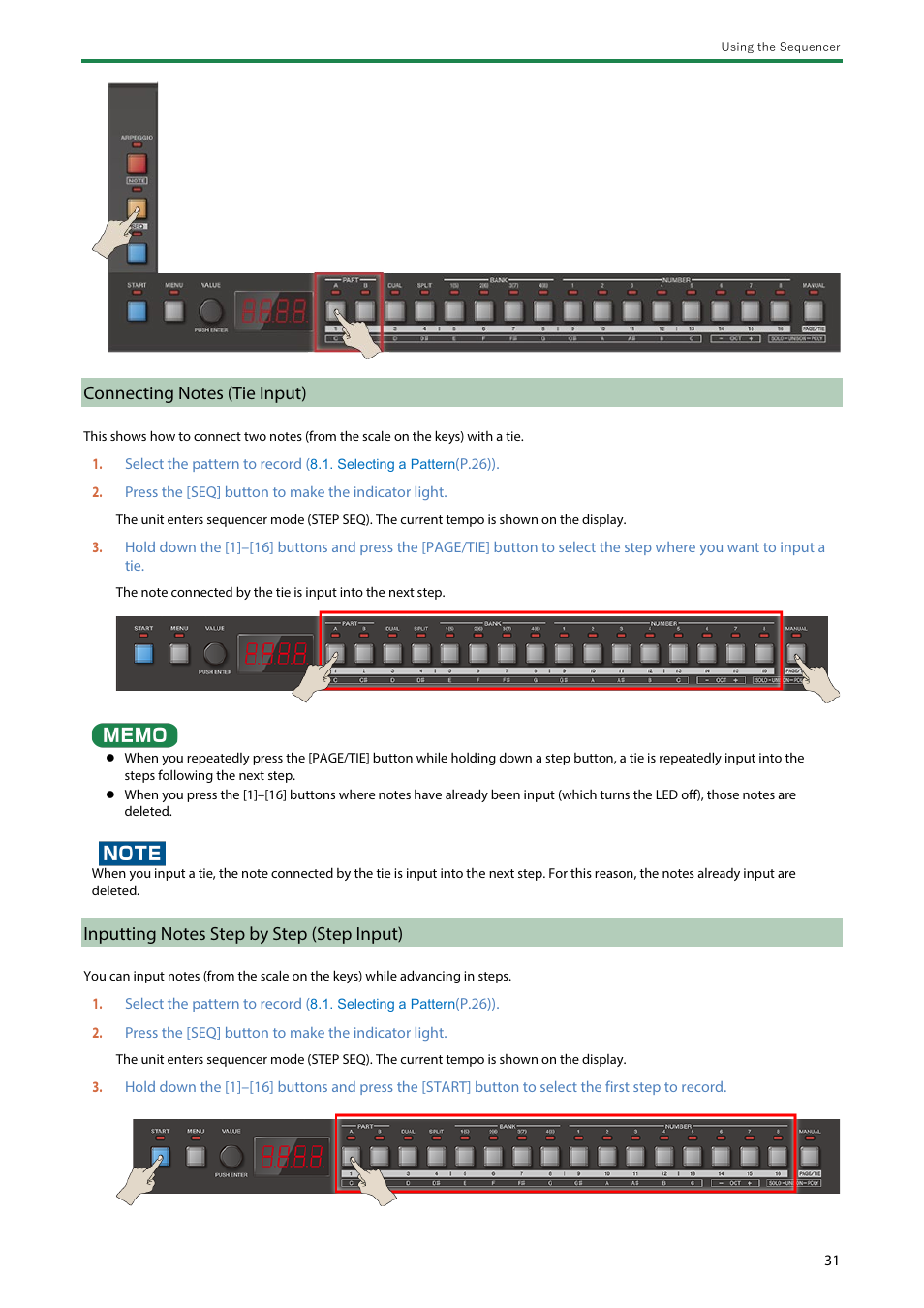 Connecting notes (tie input), Inputting notes step by step (step input) | Roland Boutique JX-08 Synthesizer Module User Manual | Page 31 / 66