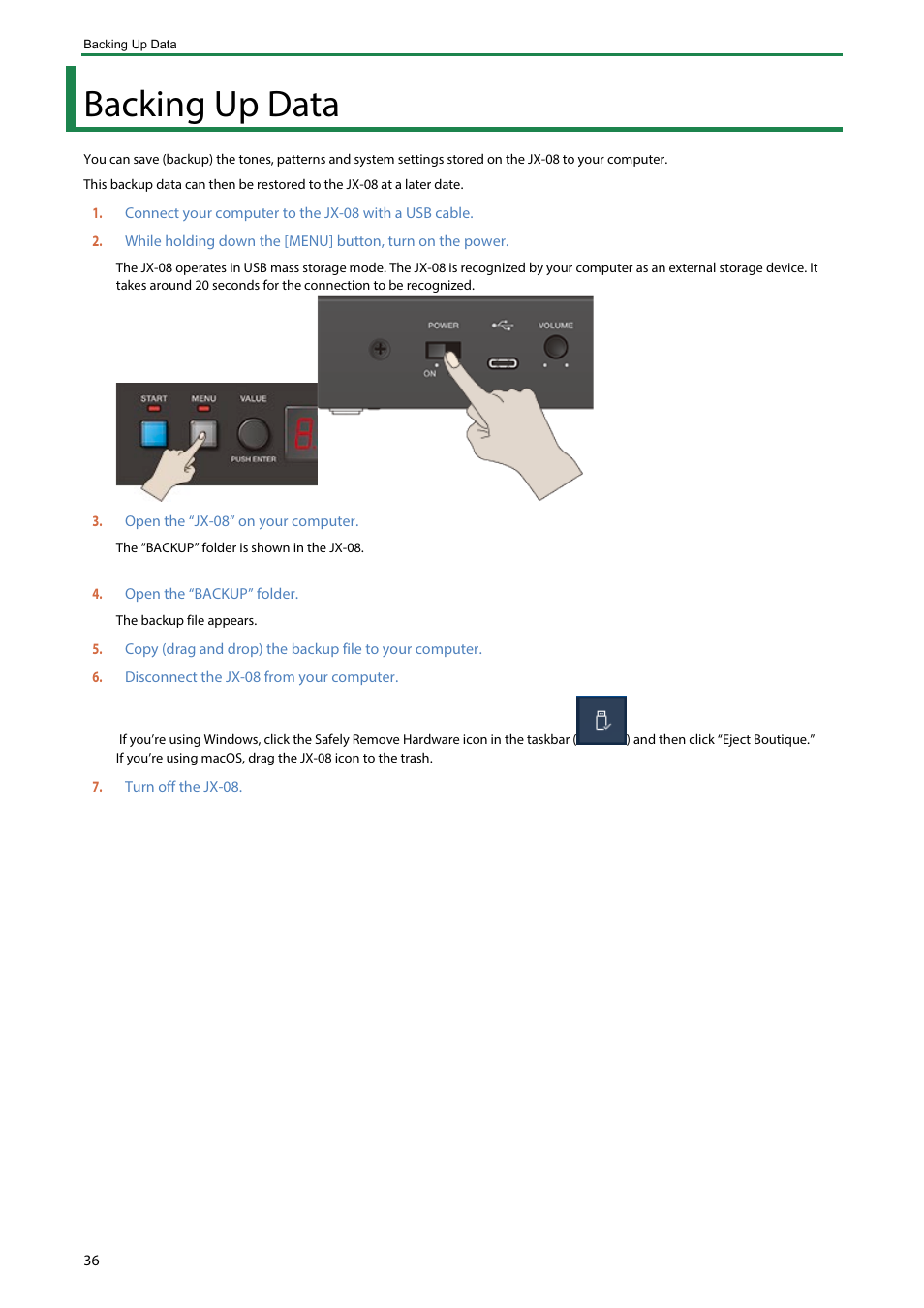 Backing up data | Roland Boutique JX-08 Synthesizer Module User Manual | Page 36 / 66