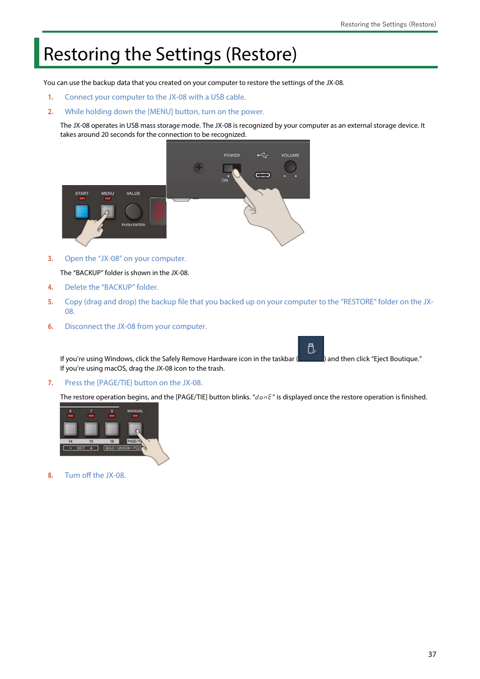 Restoring the settings (restore) | Roland Boutique JX-08 Synthesizer Module User Manual | Page 37 / 66