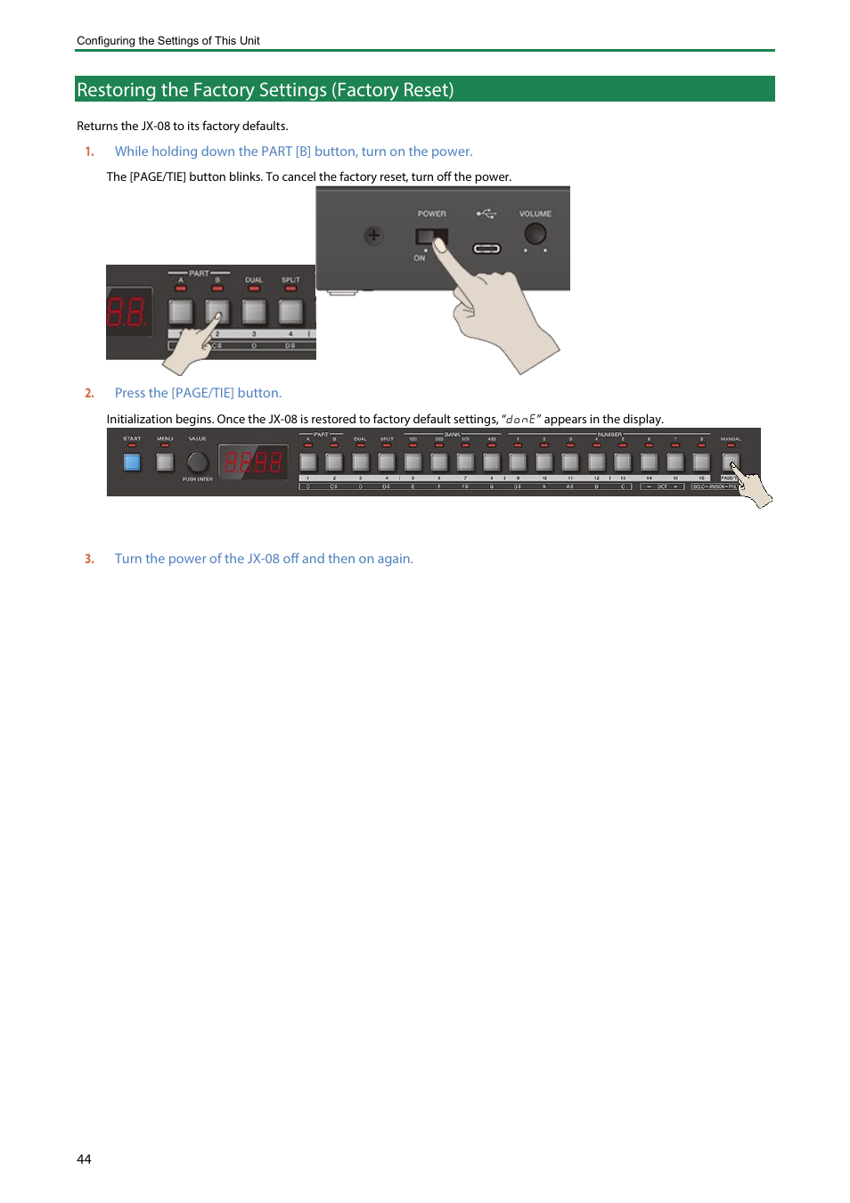 Restoring the factory settings (factory reset) | Roland Boutique JX-08 Synthesizer Module User Manual | Page 44 / 66