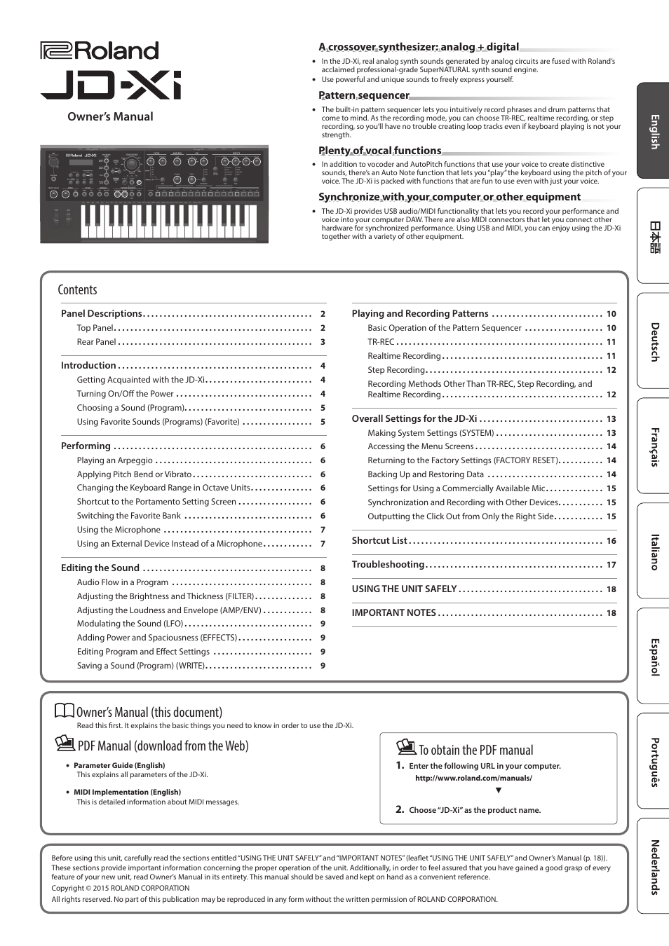 Roland JD-Xi Analog/Digital Synthesizer (Black) User Manual | 22 pages