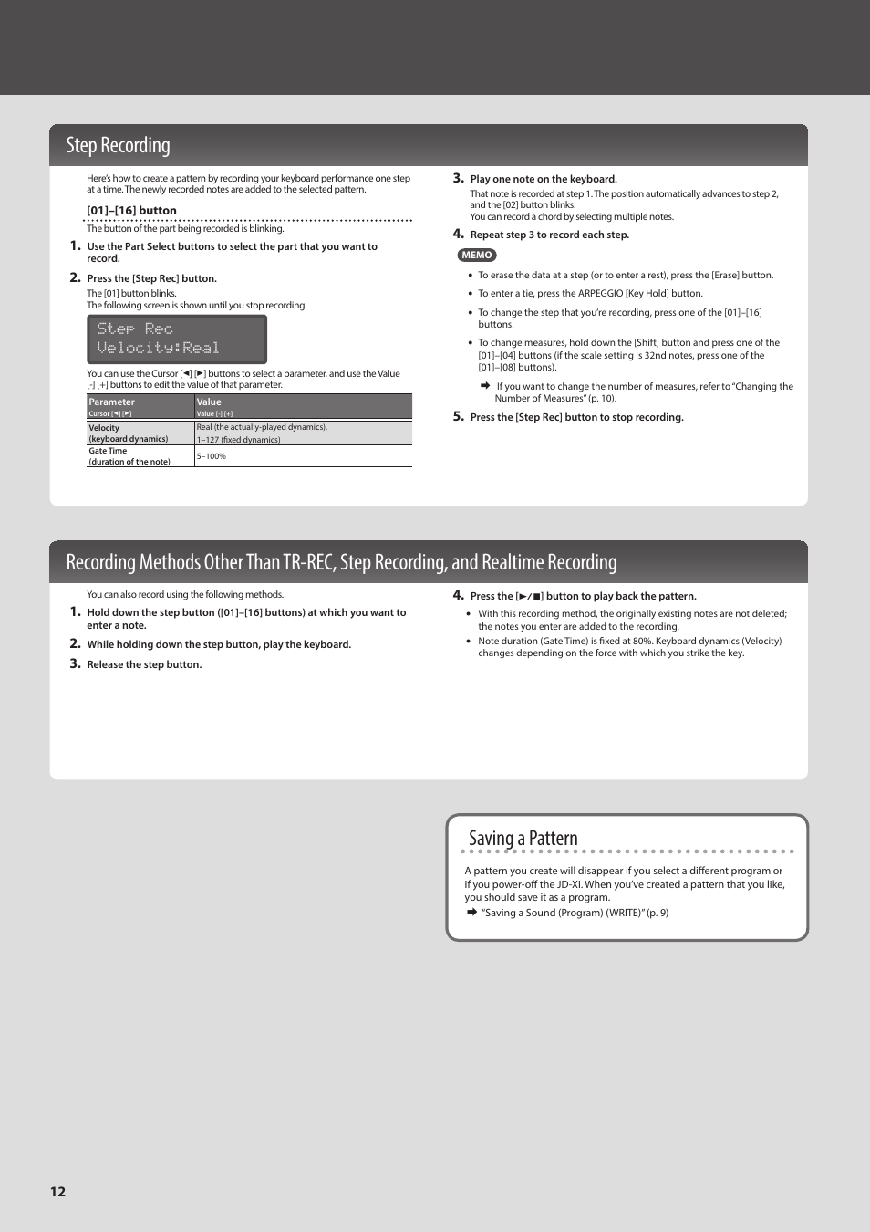 Step recording, Realtime recording 12, Saving a pattern | Step rec velocity:real | Roland JD-Xi Analog/Digital Synthesizer (Black) User Manual | Page 12 / 22