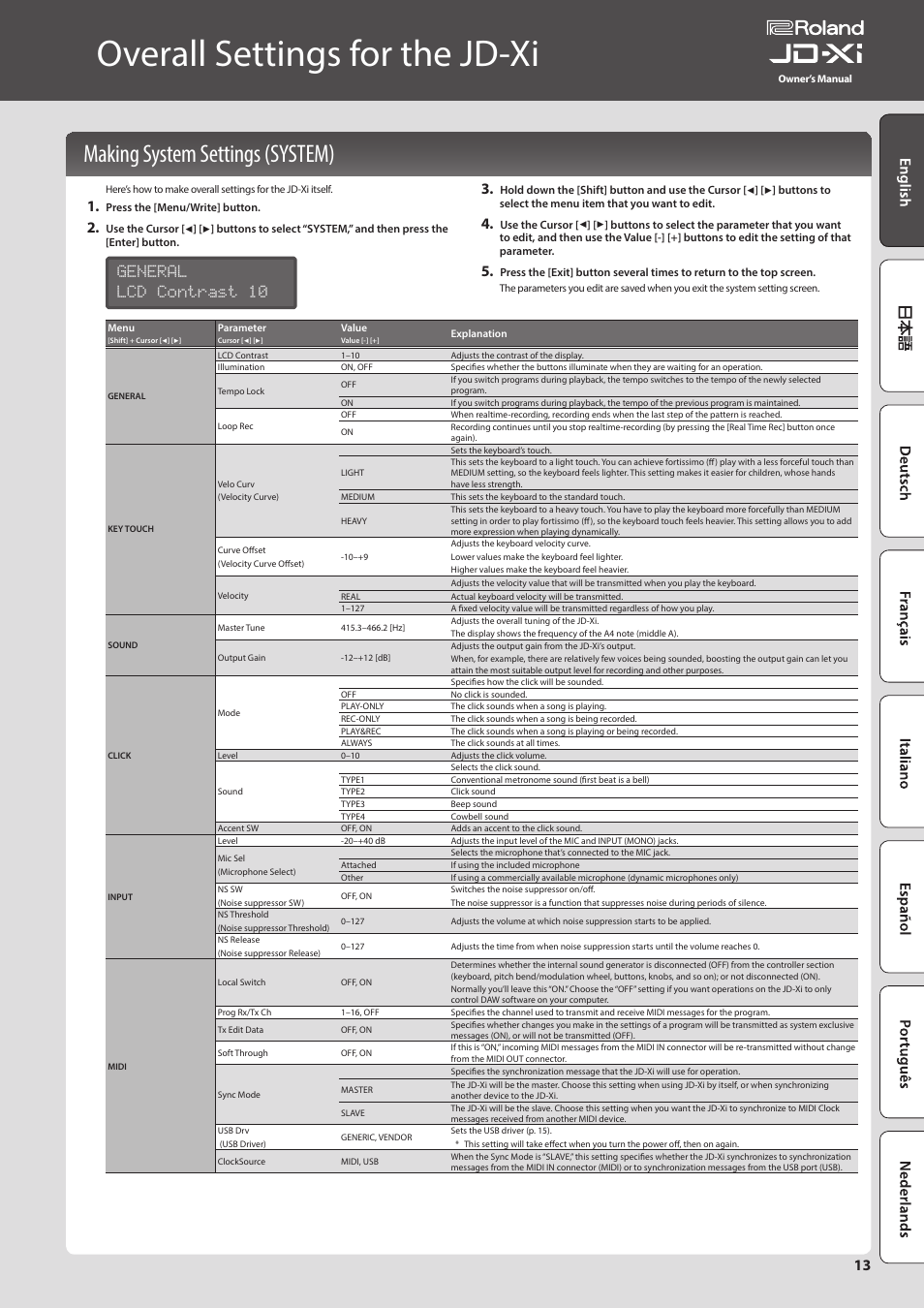 Overall settings for the jd-xi, Making system settings (system), Making system settings (system) 13 | Es (p. 13, General lcd contrast 10 3 | Roland JD-Xi Analog/Digital Synthesizer (Black) User Manual | Page 13 / 22