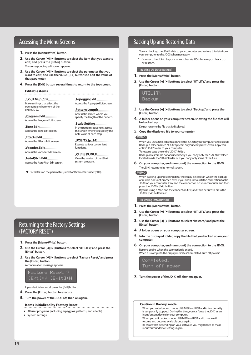 Accessing the menu screens, Returning to the factory settings (factory reset), Backing up and restoring data | Roland JD-Xi Analog/Digital Synthesizer (Black) User Manual | Page 14 / 22