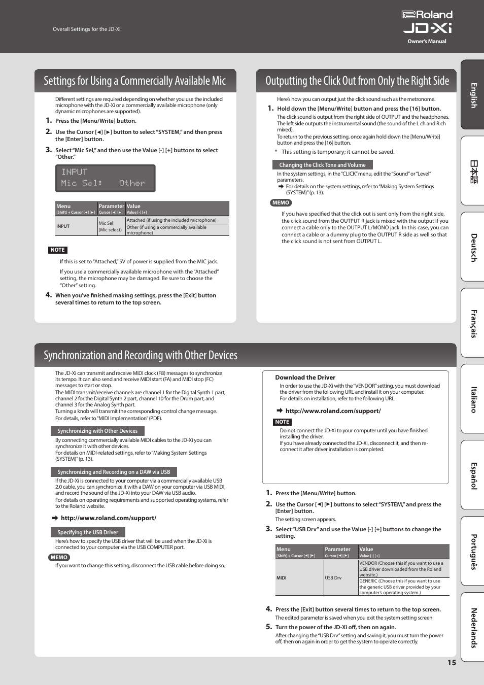 Settings for using a commercially available mic, Synchronization and recording with other devices, Outputting the click out from only the right side | P 15), Audio (p. 15), Ansmit midi messages (p. 15, Ely (p. 15, Input mic sel: other | Roland JD-Xi Analog/Digital Synthesizer (Black) User Manual | Page 15 / 22