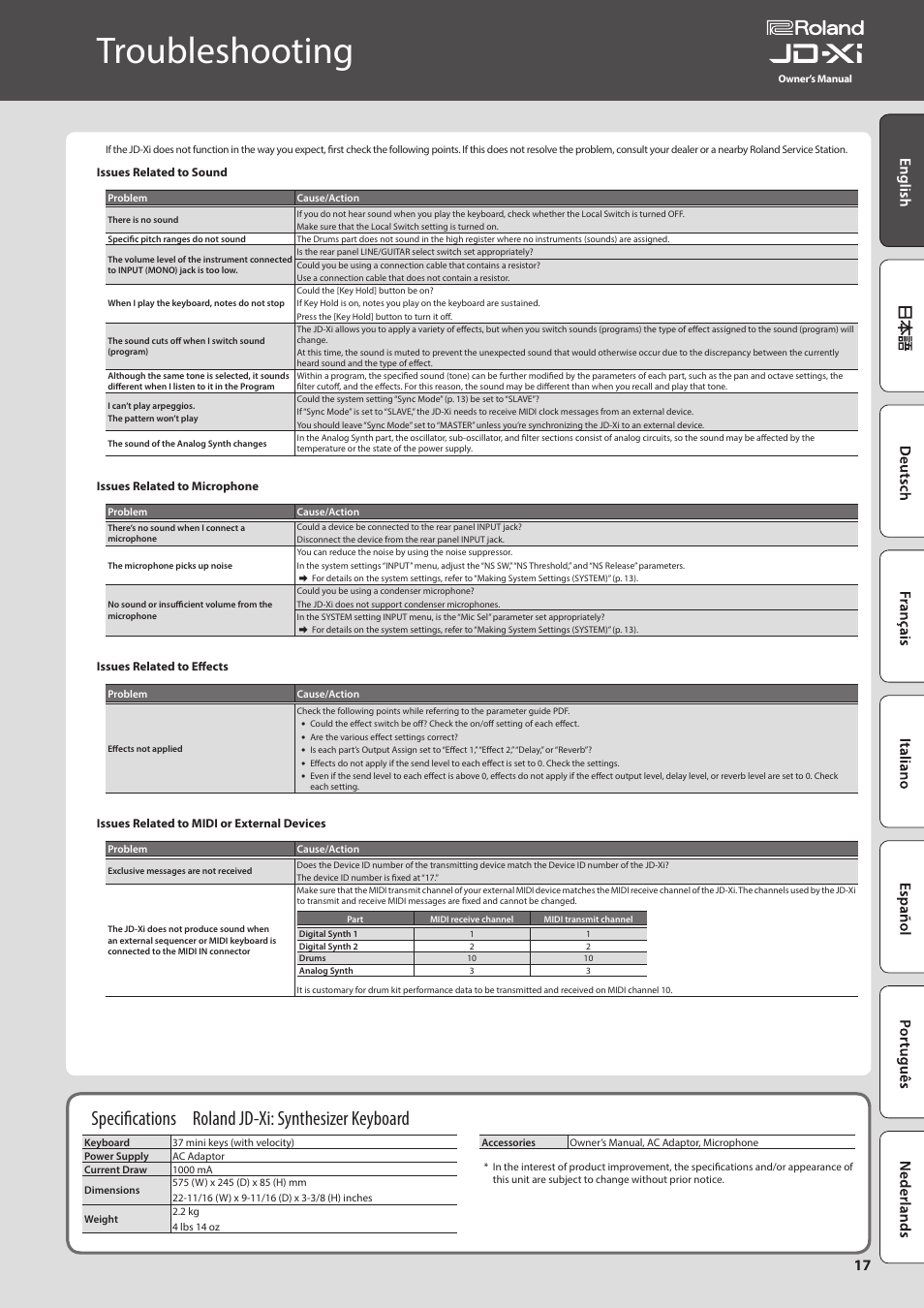 Troubleshooting, Specifications roland jd-xi: synthesizer keyboard | Roland JD-Xi Analog/Digital Synthesizer (Black) User Manual | Page 17 / 22