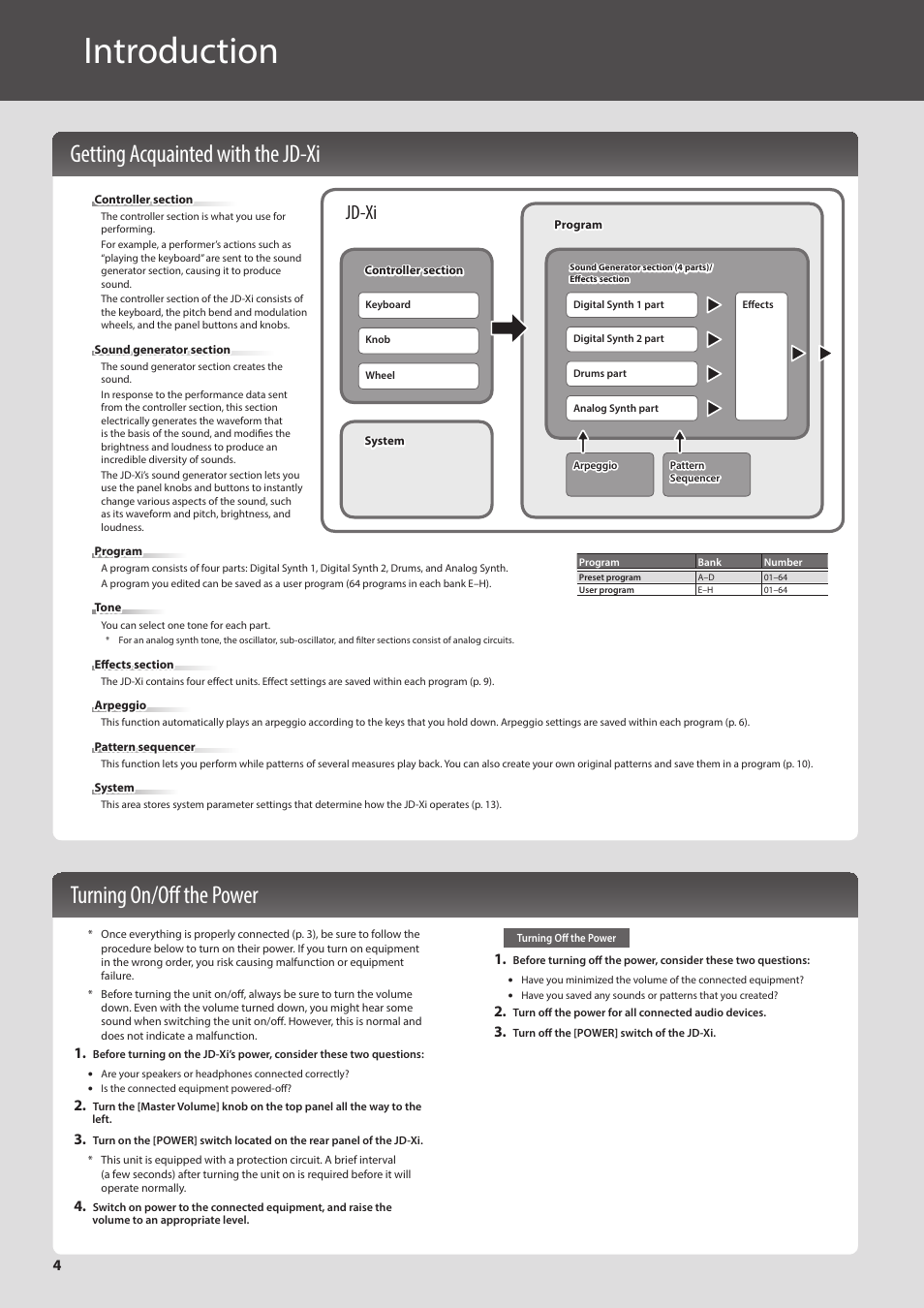 Introduction, Getting acquainted with the jd-xi, Turning on/off the power | Er on/off (p. 4, Jd-xi | Roland JD-Xi Analog/Digital Synthesizer (Black) User Manual | Page 4 / 22