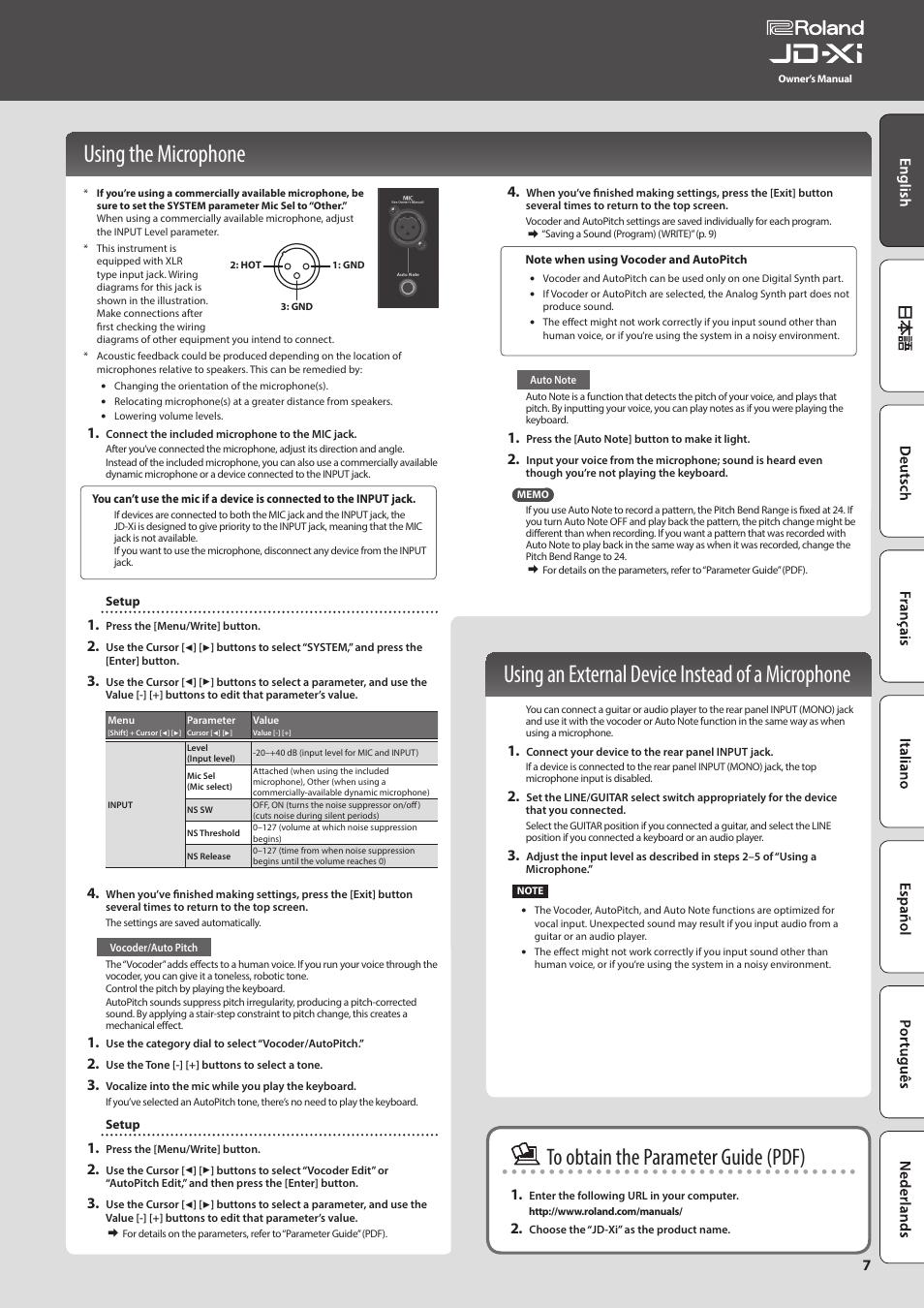 Using the microphone, Using an external device instead of a microphone, Tion on/off (p. 7) | Roland JD-Xi Analog/Digital Synthesizer (Black) User Manual | Page 7 / 22