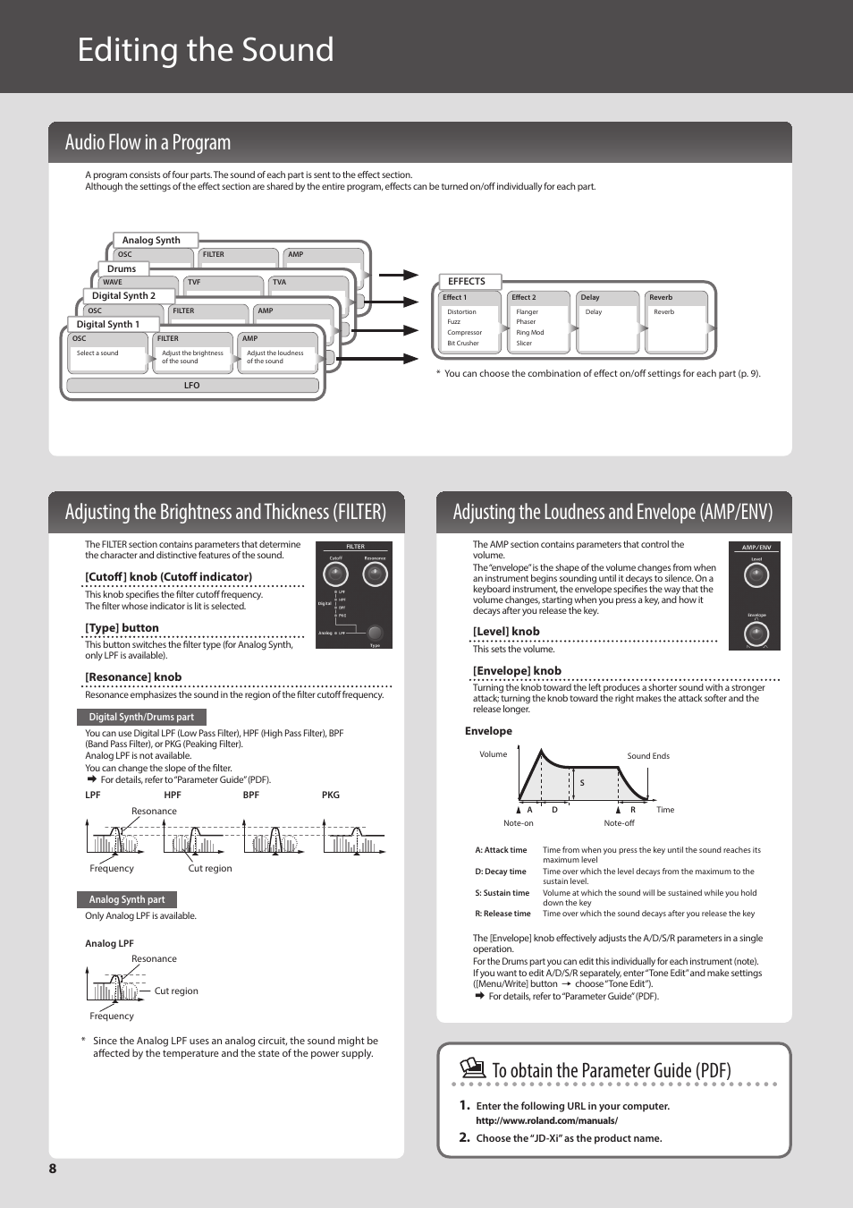 Editing the sound, Audio flow in a program, Adjusting the brightness and thickness (filter) | Adjusting the loudness and envelope (amp/env) | Roland JD-Xi Analog/Digital Synthesizer (Black) User Manual | Page 8 / 22