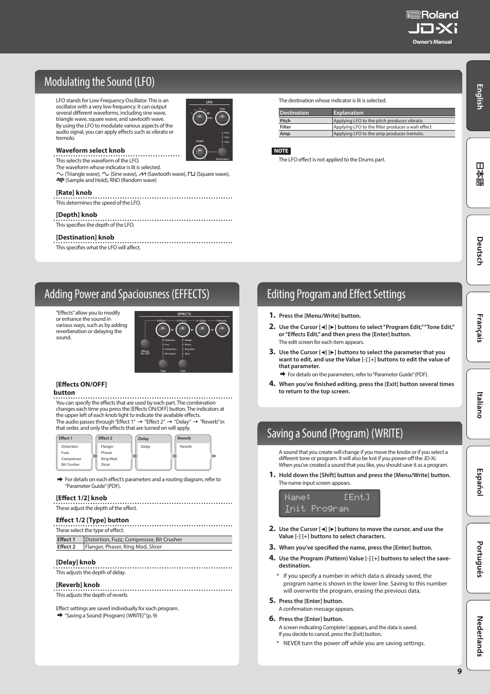 Modulating the sound (lfo), Adding power and spaciousness (effects), Editing program and effect settings | Saving a sound (program) (write), Am (p. 9), Name: [ent] init program 2 | Roland JD-Xi Analog/Digital Synthesizer (Black) User Manual | Page 9 / 22