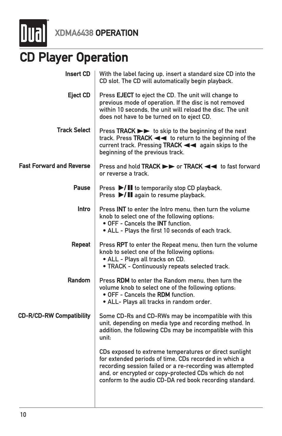 Cd player operation, Xdma6438 operation | Dual XDMA6438 User Manual | Page 10 / 28