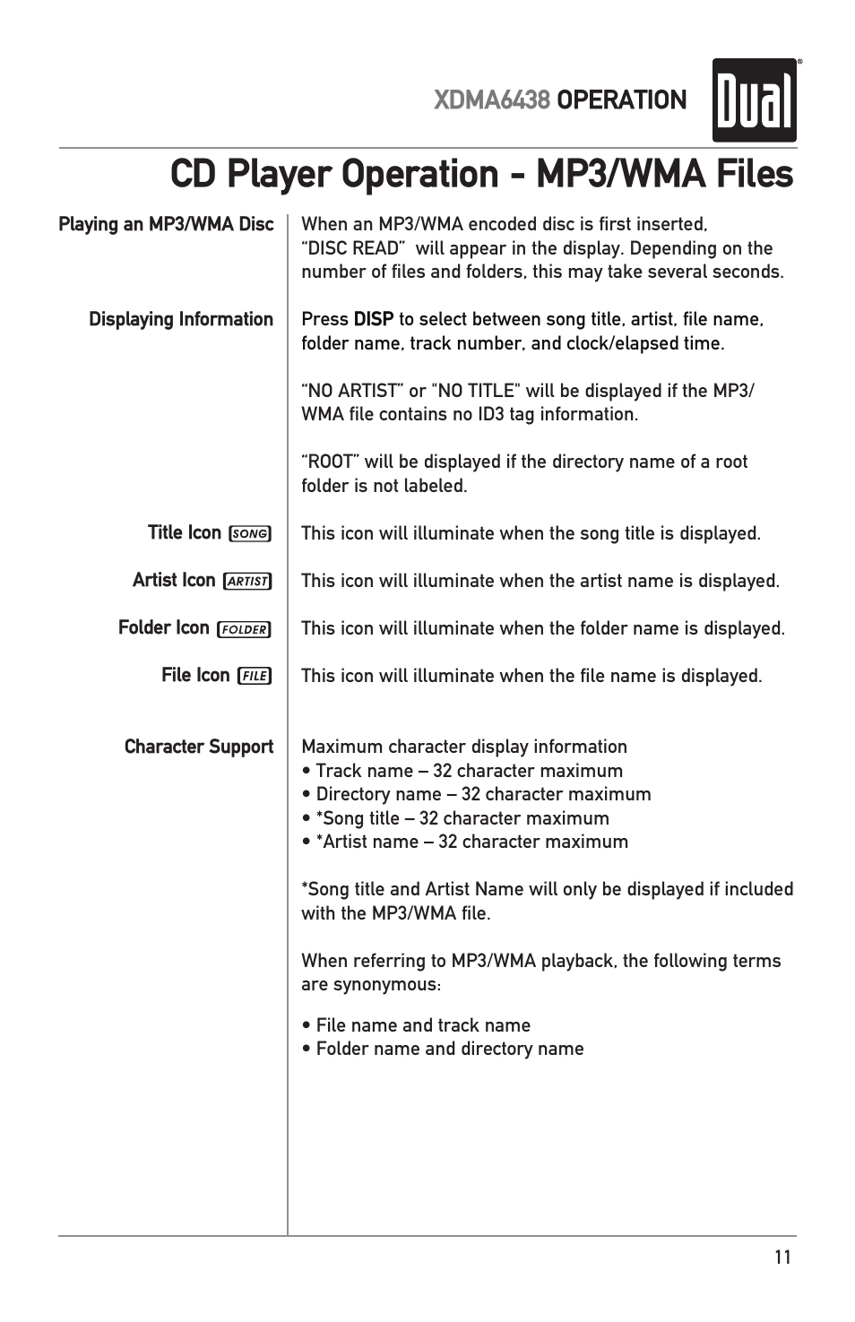 Cd player operation - mp3/wma files, Xdma6438 operation | Dual XDMA6438 User Manual | Page 11 / 28