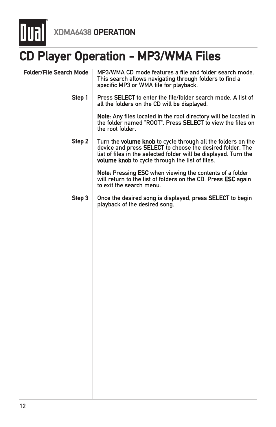 Cd player operation - mp3/wma files, Xdma6438 operation | Dual XDMA6438 User Manual | Page 12 / 28