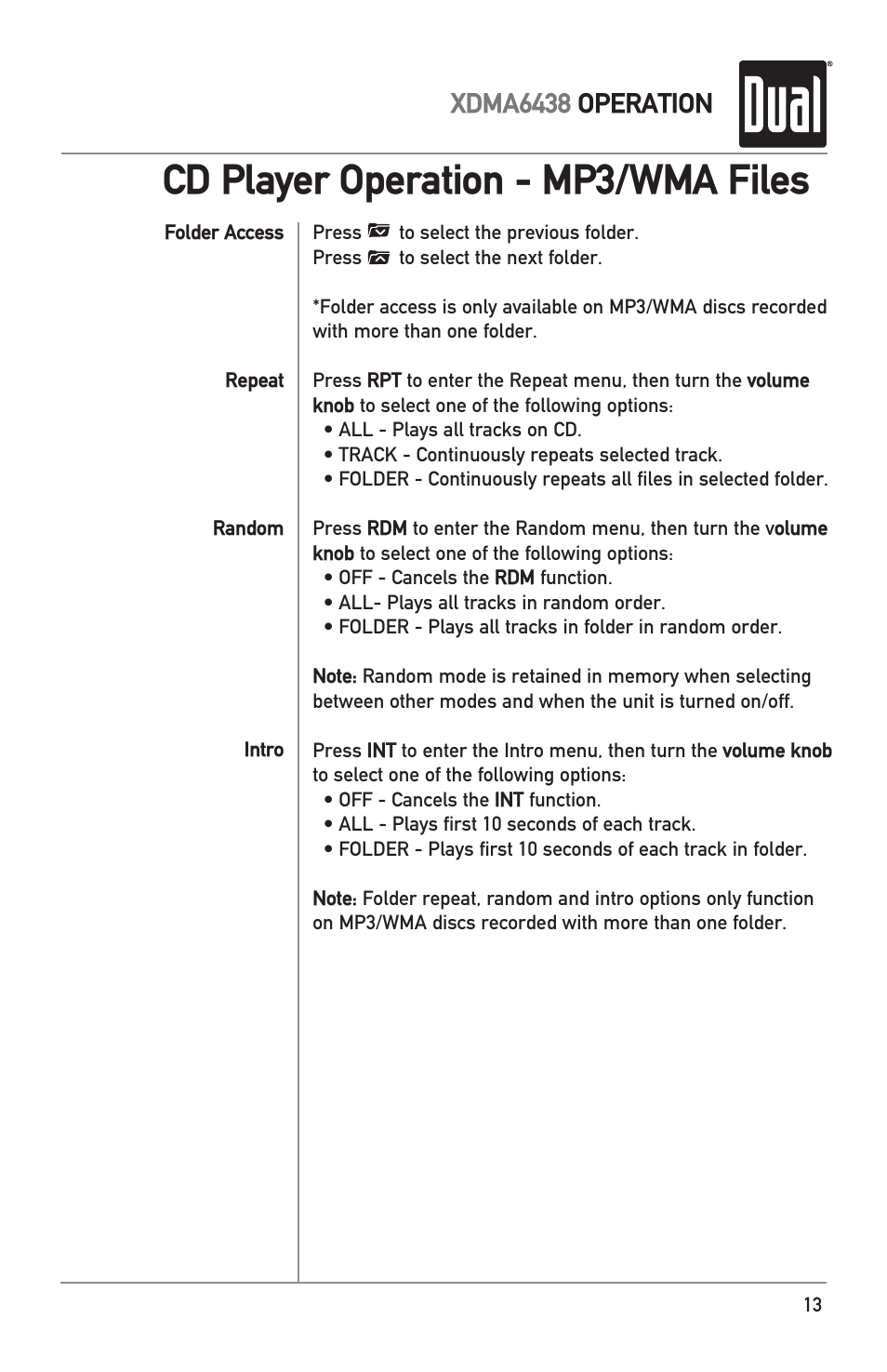 Cd player operation - mp3/wma files, Xdma6438 operation | Dual XDMA6438 User Manual | Page 13 / 28