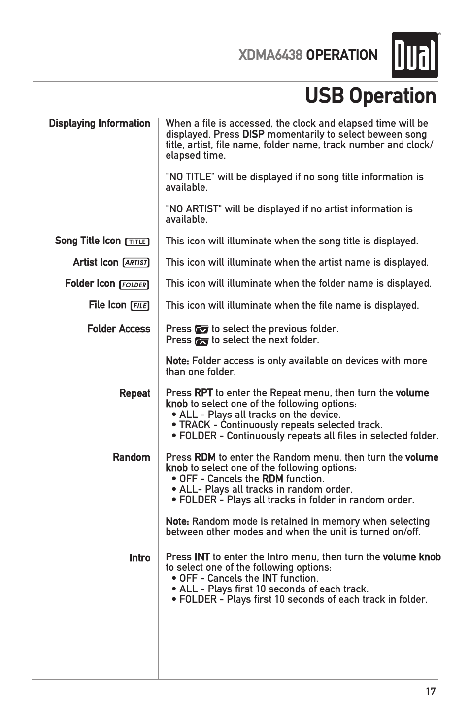 Usb operation, Xdma6438 operation | Dual XDMA6438 User Manual | Page 17 / 28