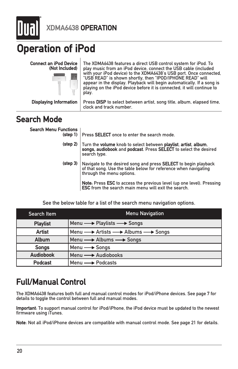 Operation of ipod, Search mode full/manual control, Xdma6438 operation | Dual XDMA6438 User Manual | Page 20 / 28