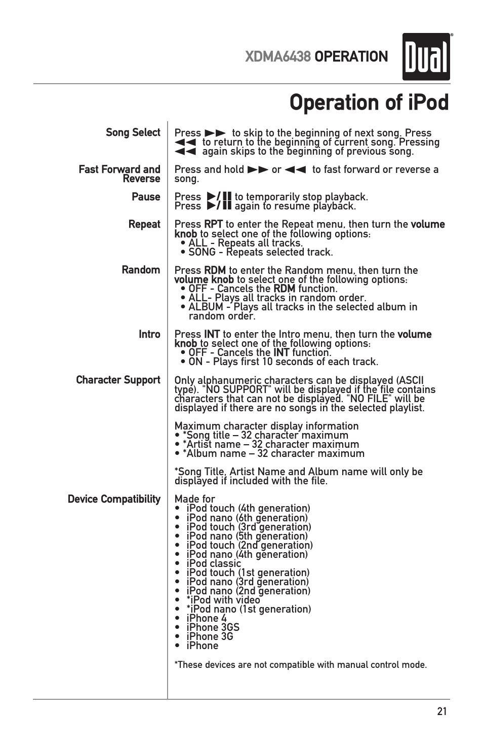 Operation of ipod, Xdma6438 operation | Dual XDMA6438 User Manual | Page 21 / 28