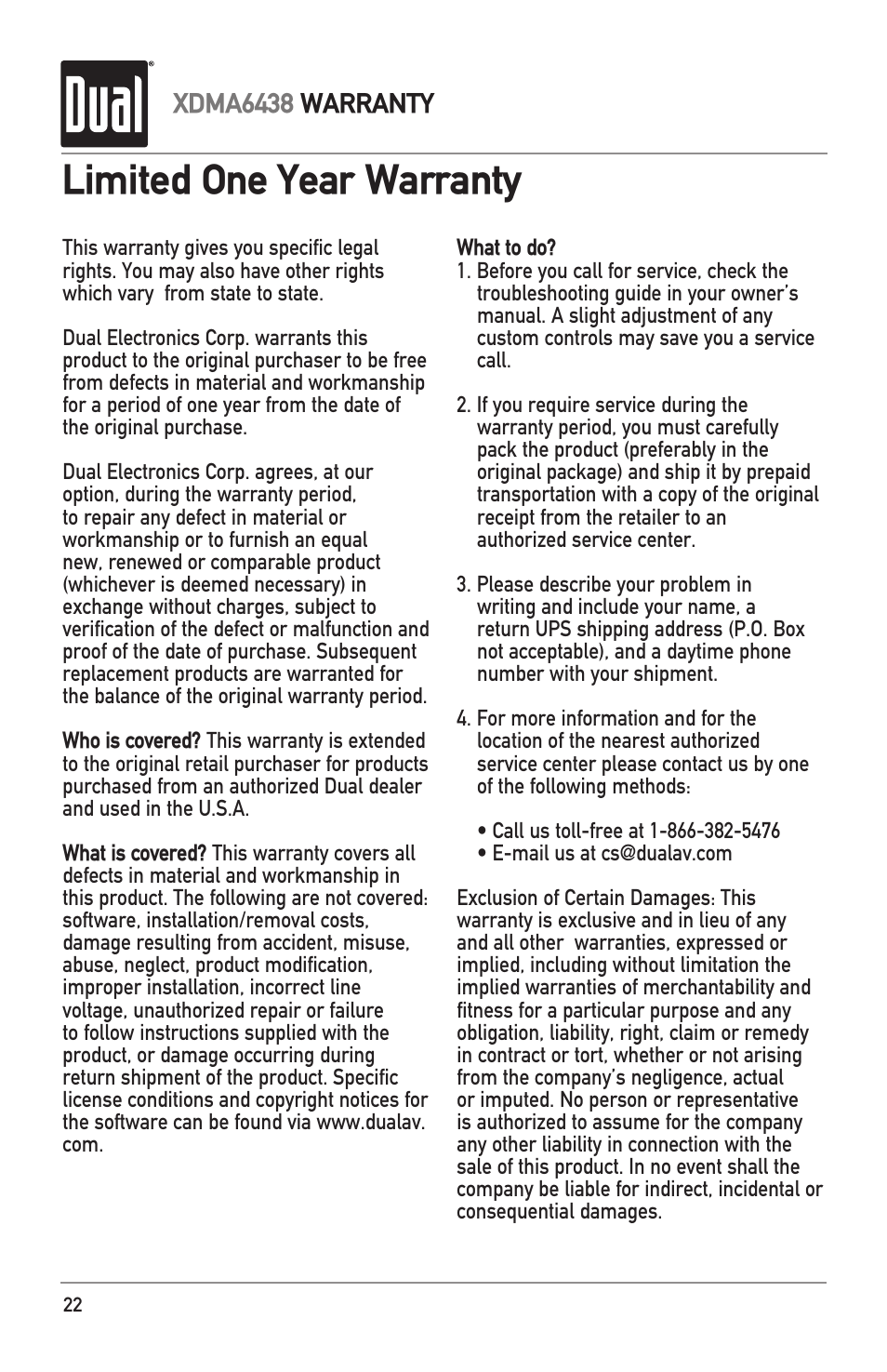 Limited one year warranty, Xdma6438 warranty | Dual XDMA6438 User Manual | Page 22 / 28