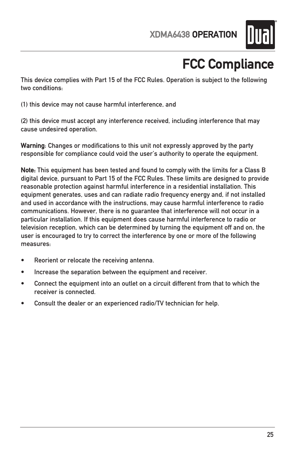 Fcc compliance, Xdma6438 operation | Dual XDMA6438 User Manual | Page 25 / 28