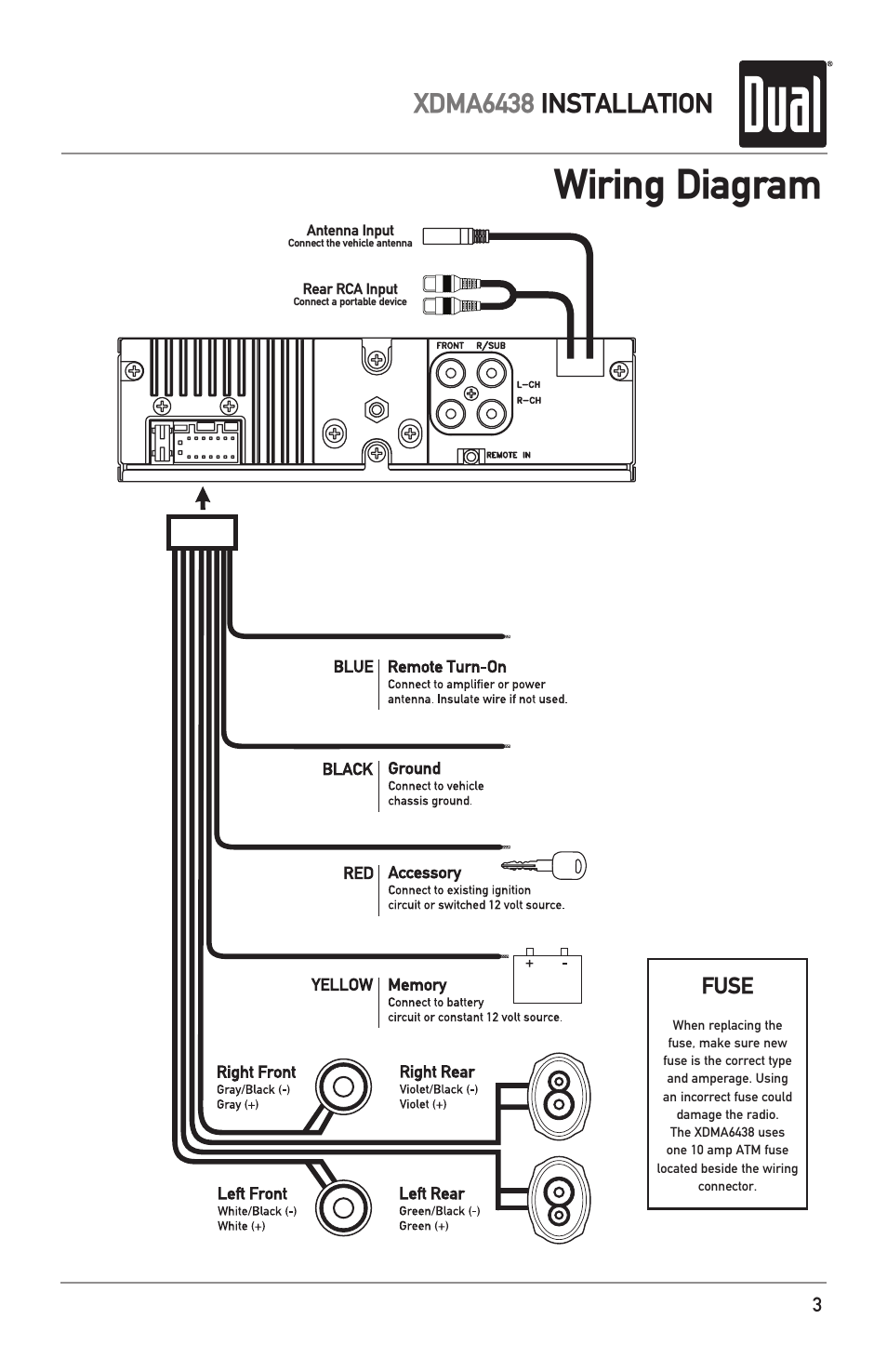 Wiring diagram, Xdma6438 installation, Fuse | Dual XDMA6438 User Manual | Page 3 / 28