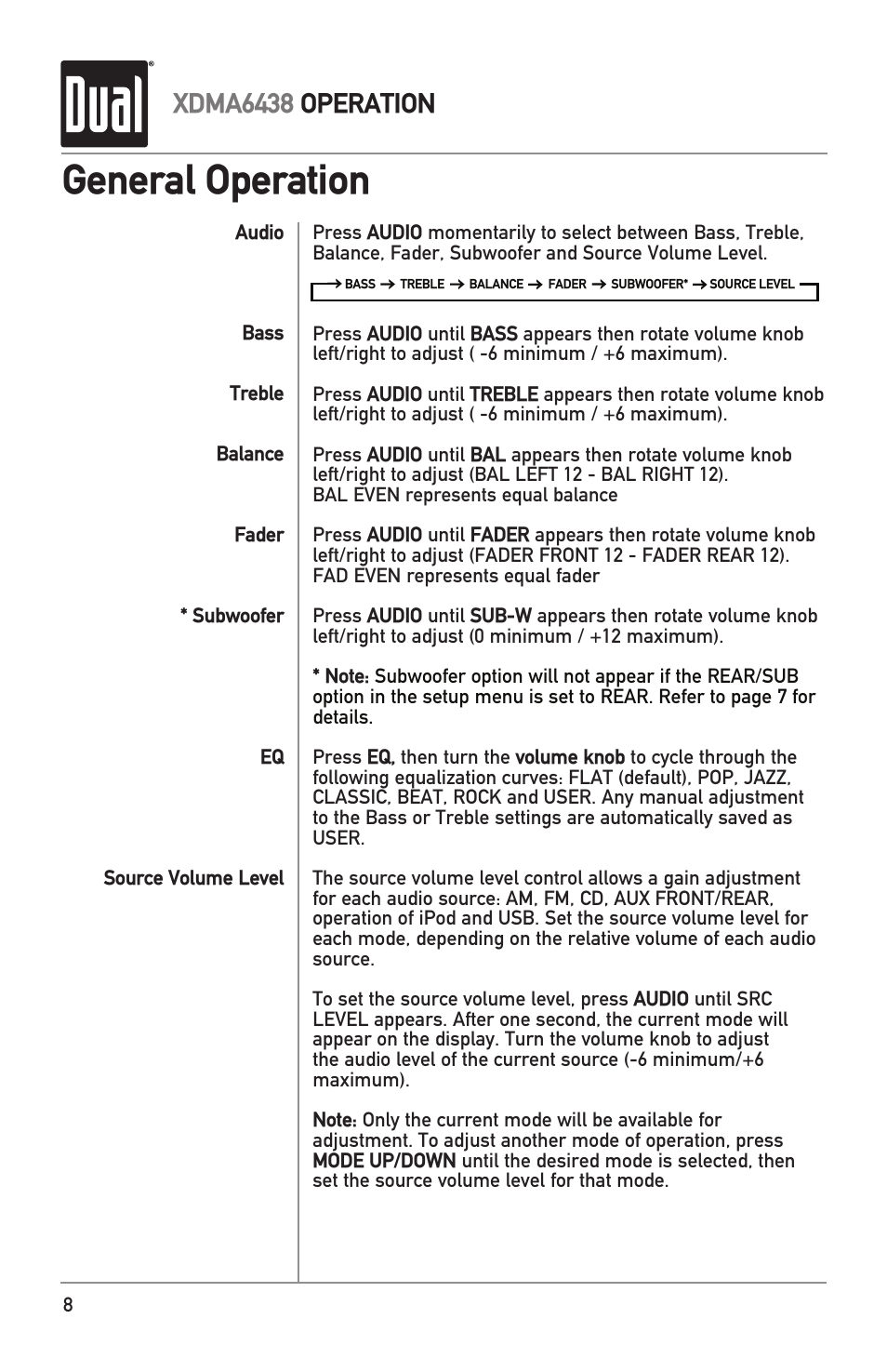 General operation, Xdma6438 operation | Dual XDMA6438 User Manual | Page 8 / 28