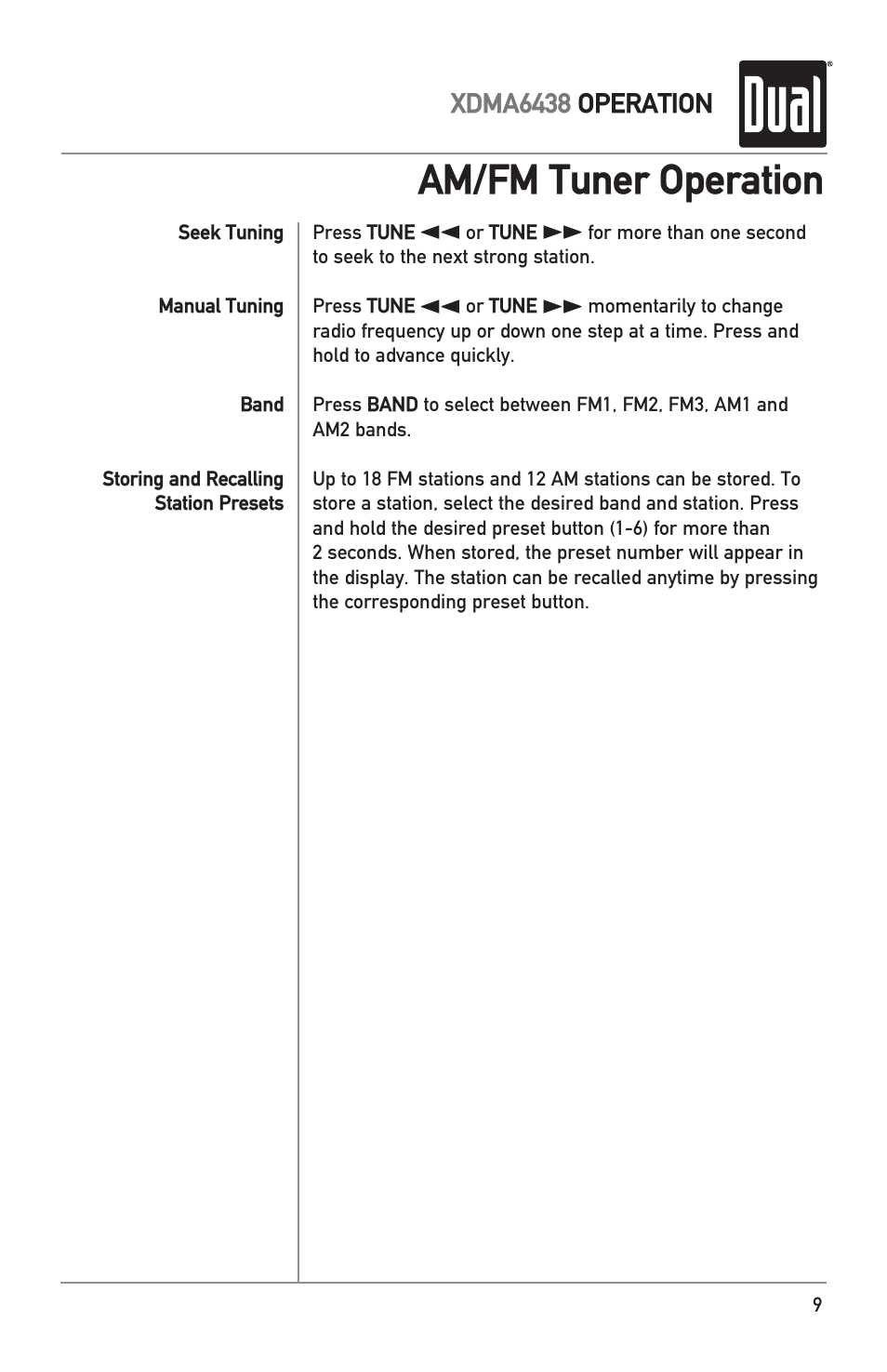 Am/fm tuner operation | Dual XDMA6438 User Manual | Page 9 / 28
