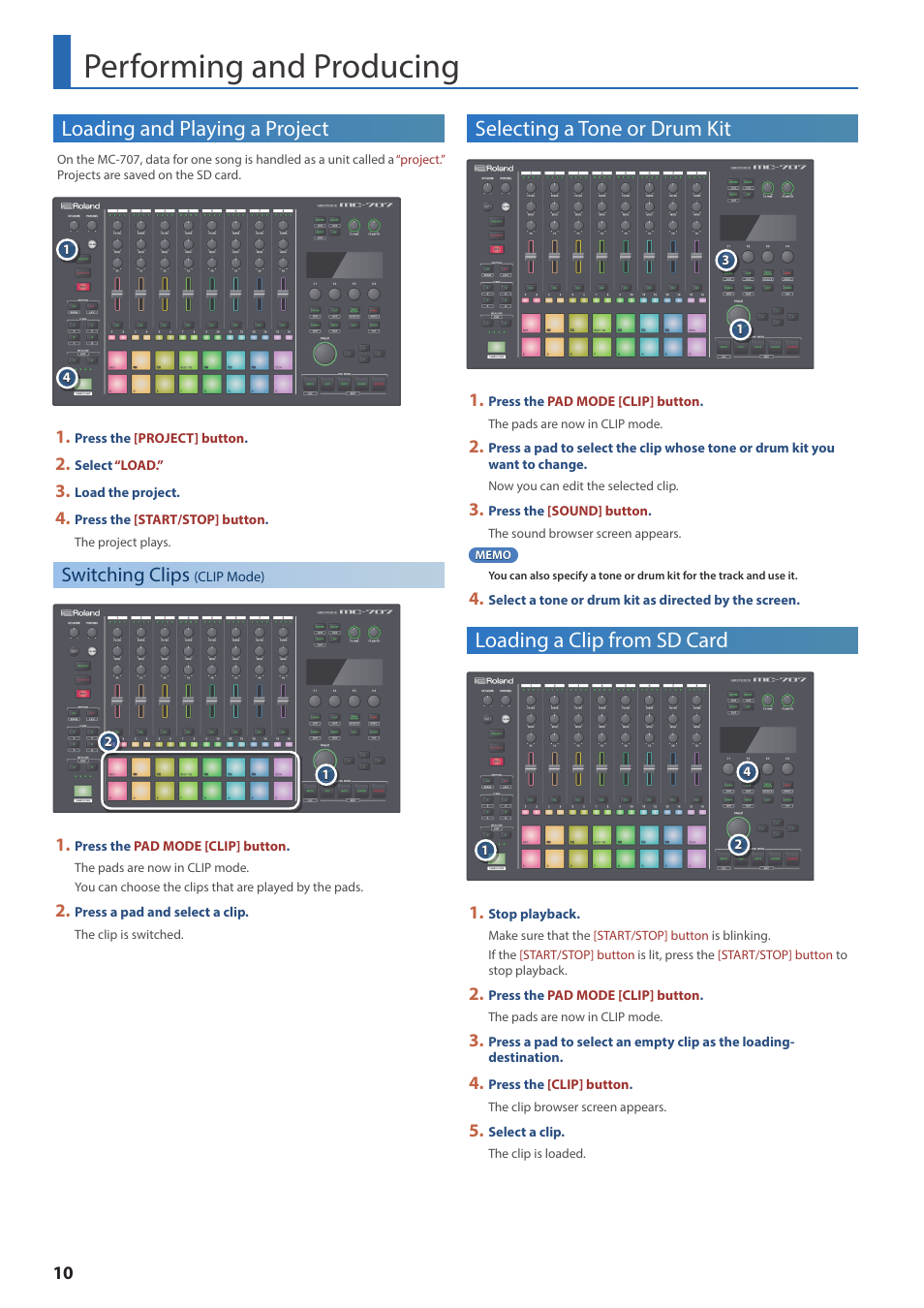 Performing and producing, Loading and playing a project, Switching clips (clip mode) | Selecting a tone or drum kit, Loading a clip from sd card, Switching clips, Clip mode) | Roland MC-707 GROOVEBOX User Manual | Page 10 / 12