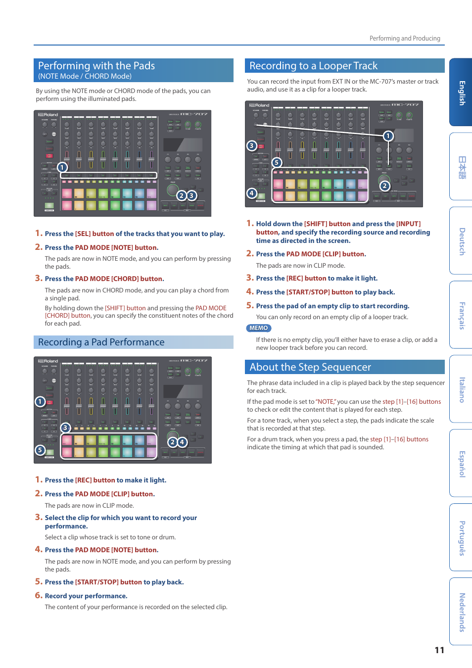 Performing with the pads (note mode / chord mode), Recording a pad performance, Recording to a looper track | About the step sequencer, Performing with the pads, Note mode / chord mode) | Roland MC-707 GROOVEBOX User Manual | Page 11 / 12