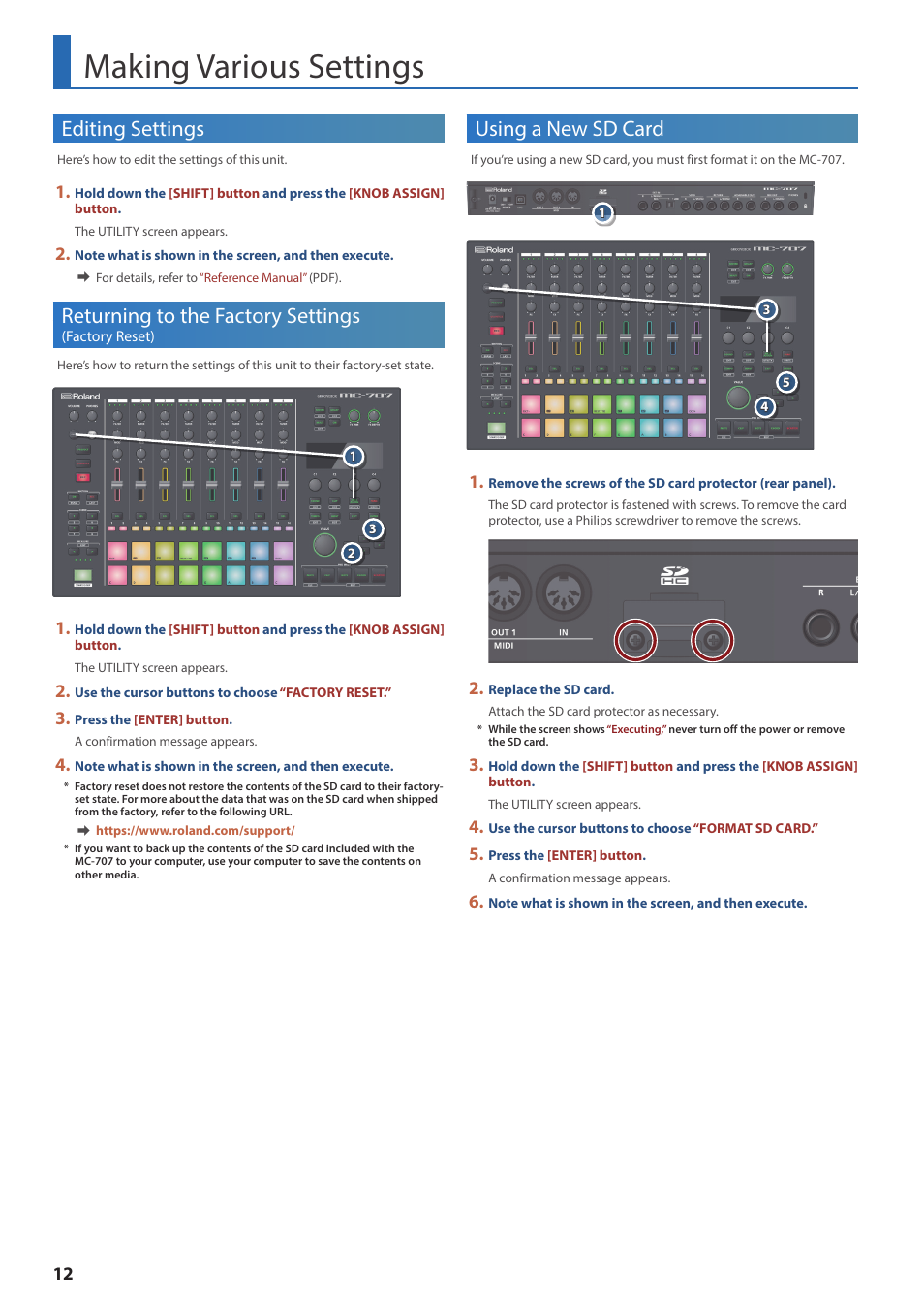 Making various settings, Editing settings, Returning to the factory settings (factory reset) | Using a new sd card, Returning to the factory settings, Factory reset) | Roland MC-707 GROOVEBOX User Manual | Page 12 / 12