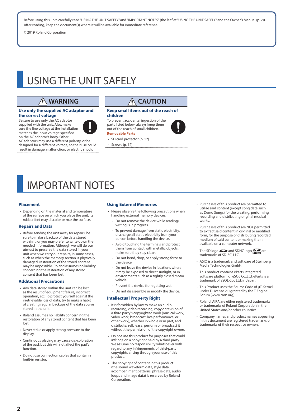 Using the unit safely, Important notes, Warning | Caution | Roland MC-707 GROOVEBOX User Manual | Page 2 / 12