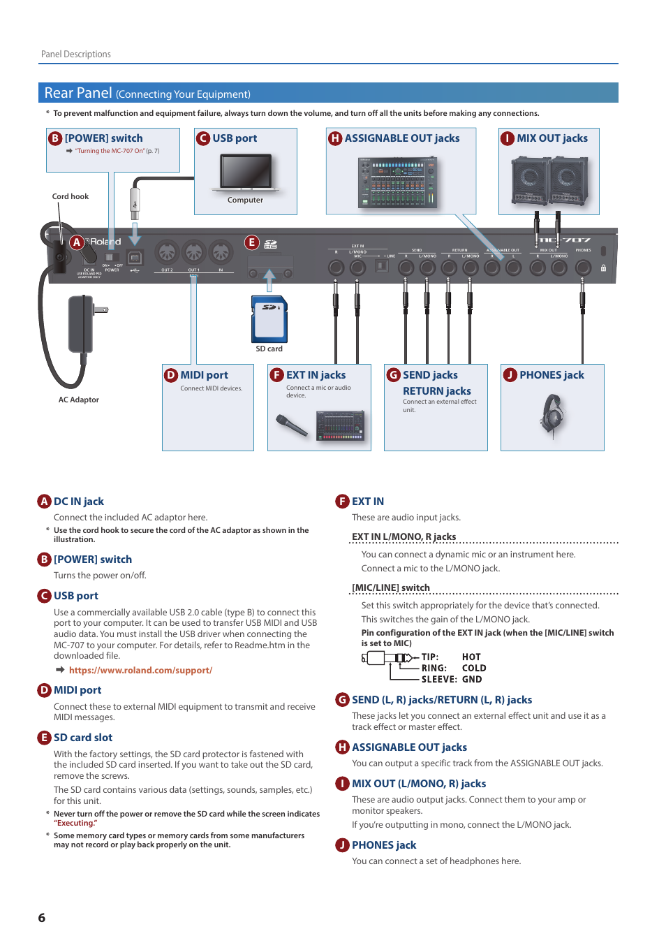 Rear panel (connecting your equipment), Rear panel, Connecting your equipment) | Roland MC-707 GROOVEBOX User Manual | Page 6 / 12