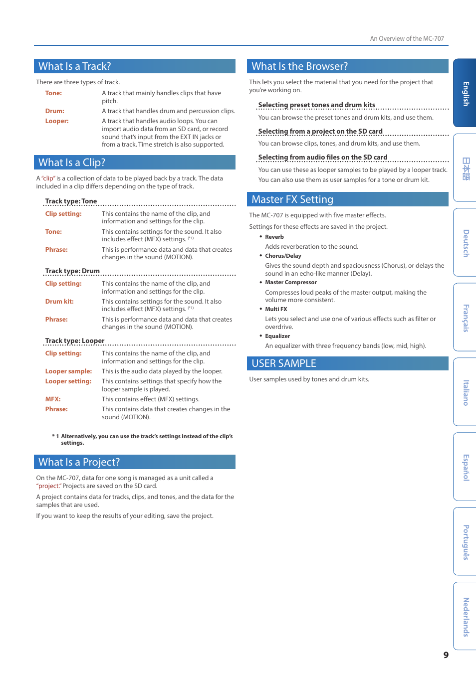 What is a track, What is a clip, What is a project | What is the browser, Master fx setting, User sample | Roland MC-707 GROOVEBOX User Manual | Page 9 / 12